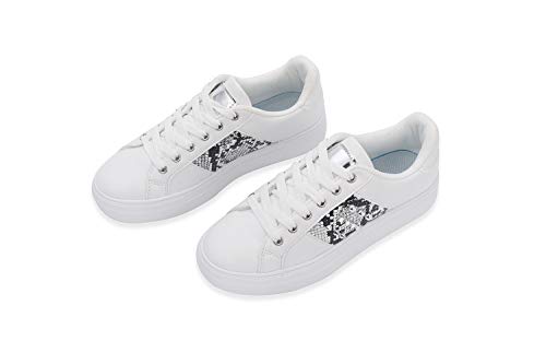 LUCKY STEP Women Rivet Stud Platform Sneakers - White Tennis Snake Leopard Student Low Top Casual Shoes