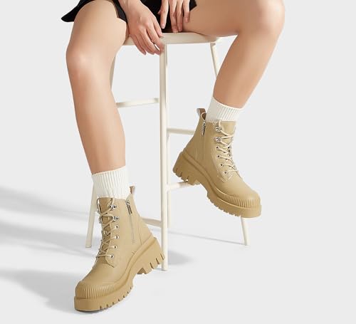 LUCKY STEP Women's Platform Ankle Boots Zipper Fashion Combat Thick Lug Sole Durable Chunky Wedge Booties Shoes