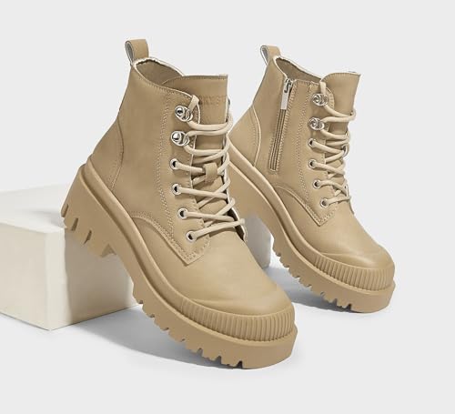 LUCKY STEP Women's Platform Ankle Boots Zipper Fashion Combat Thick Lug Sole Durable Chunky Wedge Booties Shoes