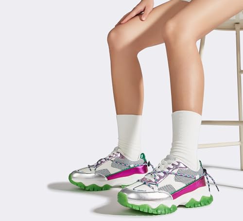 LUCKY STEP Women's Platform Colorful Fashion Sneakers Tennis Retro Colorblock Adjustable Lace Lifestyle Stylish Cute Chunky Dad Casual Walking Shoes