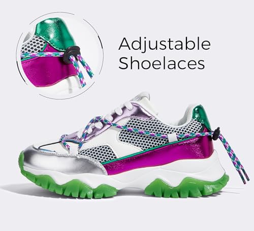 LUCKY STEP Women's Platform Colorful Fashion Sneakers Tennis Retro Colorblock Adjustable Lace Lifestyle Stylish Cute Chunky Dad Casual Walking Shoes