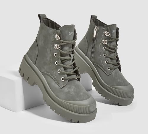 LUCKY STEP Women's Platform Ankle Boots Zipper Fashion Combat Thick Lug Sole Durable Chunky Wedge Booties Shoes