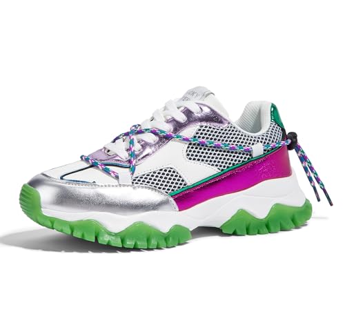 LUCKY STEP Women's Platform Colorful Fashion Sneakers Tennis Retro Colorblock Adjustable Lace Lifestyle Stylish Cute Chunky Dad Casual Walking Shoes