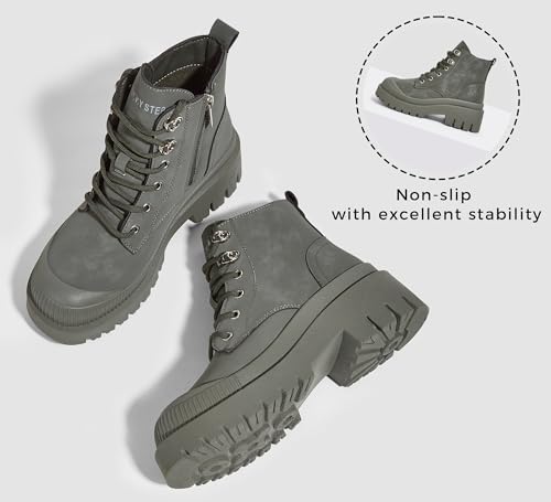 LUCKY STEP Women's Platform Ankle Boots Zipper Fashion Combat Thick Lug Sole Durable Chunky Wedge Booties Shoes