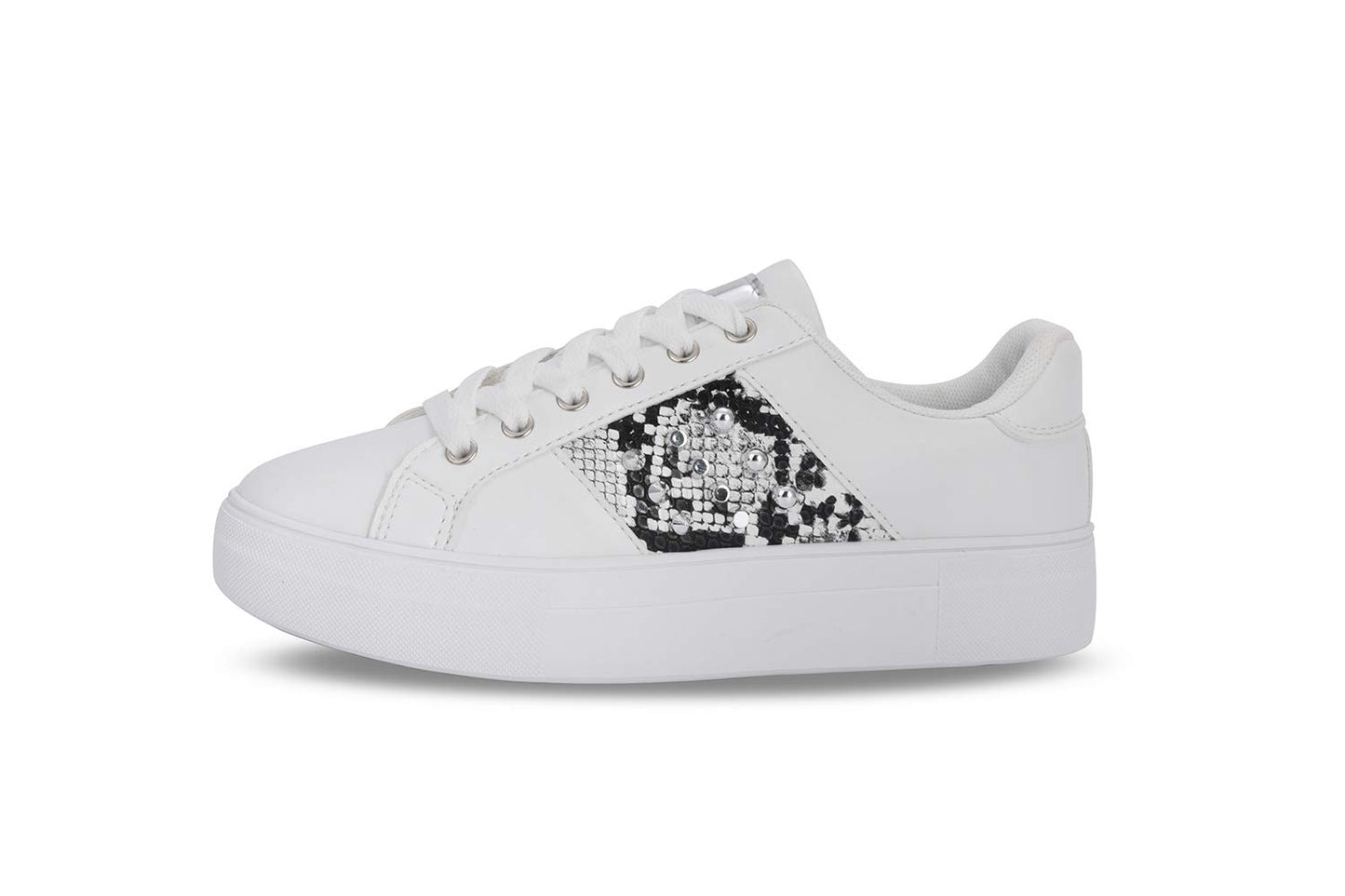 LUCKY STEP Women Rivet Stud Platform Sneakers - White Tennis Snake Leopard Student Low Top Casual Shoes