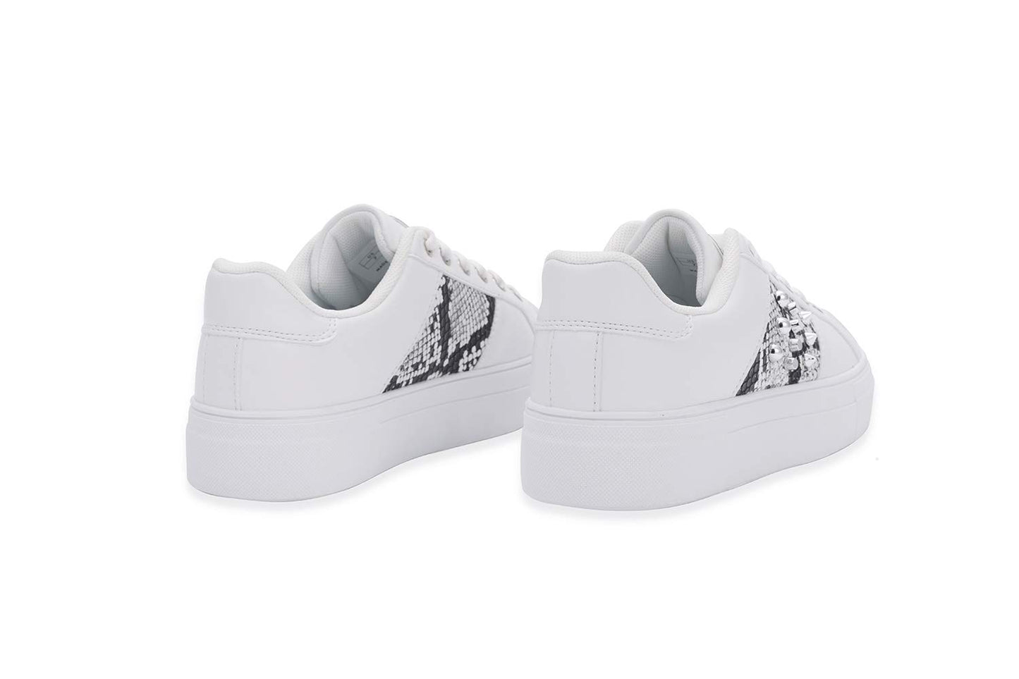 LUCKY STEP Women Rivet Stud Platform Sneakers - White Tennis Snake Leopard Student Low Top Casual Shoes