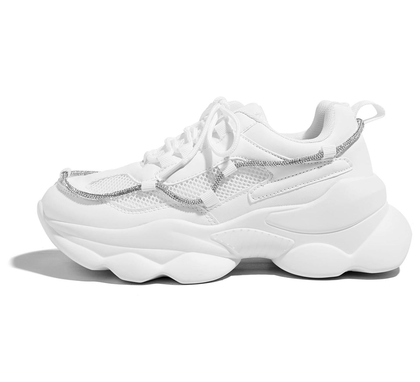 LUCKY STEP Women's 90s Chunky Sneakers Sparkly Bling Rhinestone Rope Platform Casual Thick Dad Rave Walking Shoes