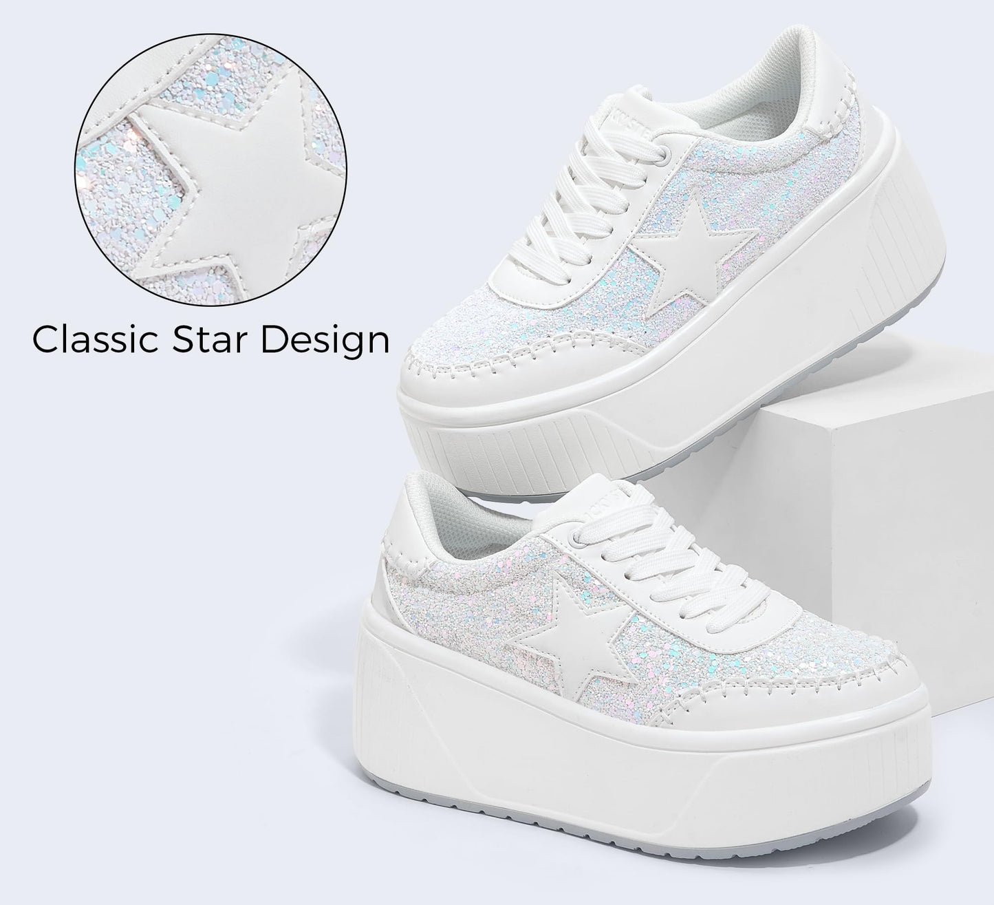 LUCKY STEP Women's Platform Chunky Sneakers Fashion Star Glitter Sparkly Wedge Walking Shoes High Heel Casual Shiny Thick Sole Footwear