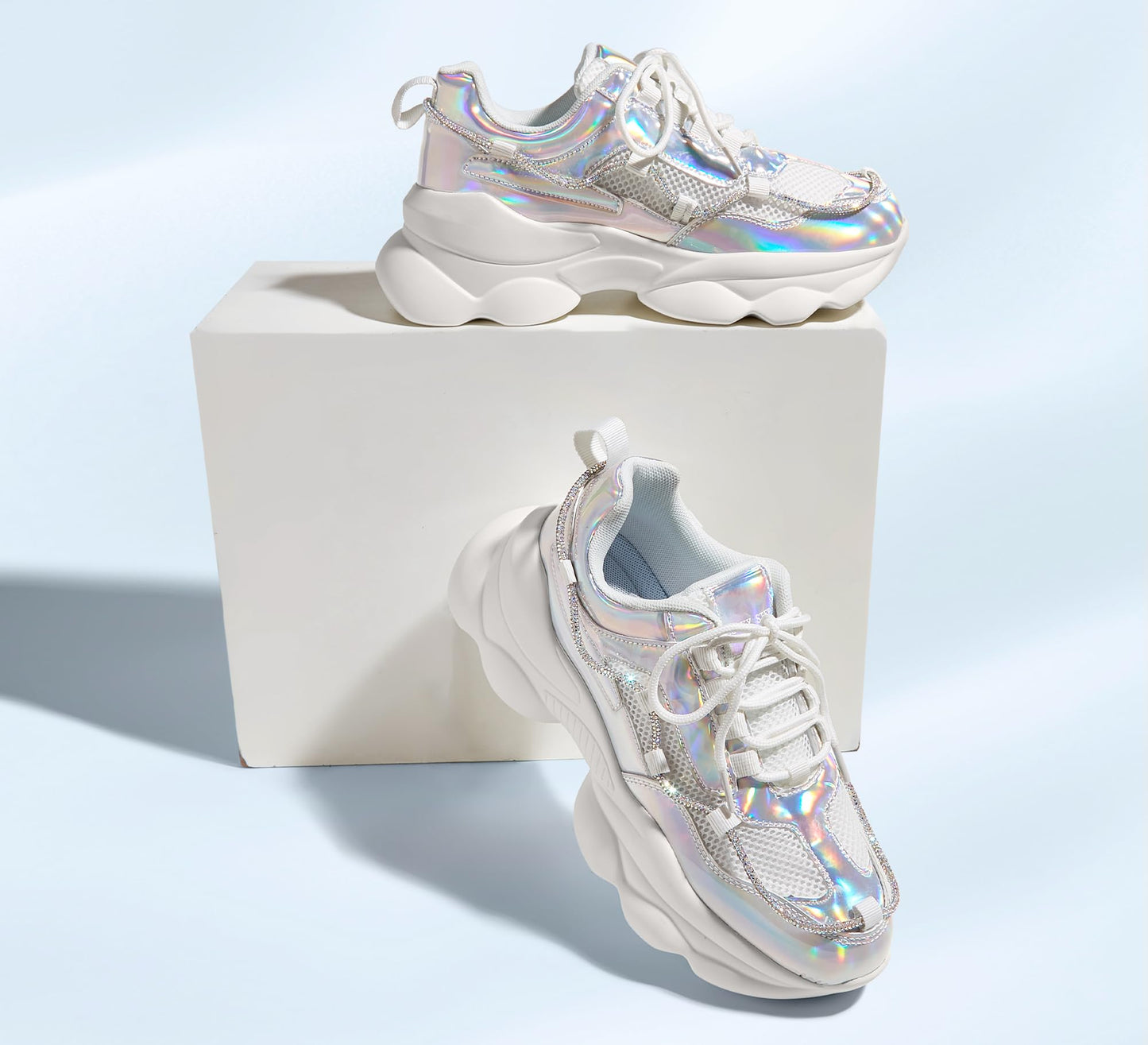 LUCKY STEP Women's 90s Chunky Sneakers Sparkly Bling Rhinestone Rope Platform Casual Thick Dad Rave Walking Shoes