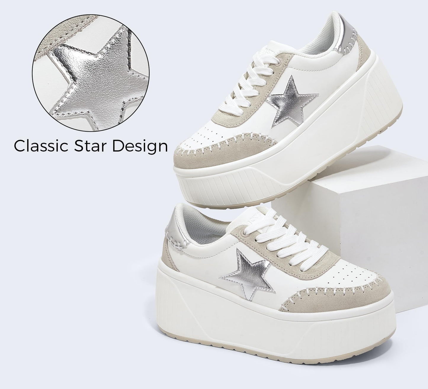 LUCKY STEP Women's Platform Chunky Sneakers Fashion Star Glitter Sparkly Wedge Walking Shoes High Heel Casual Shiny Thick Sole Footwear