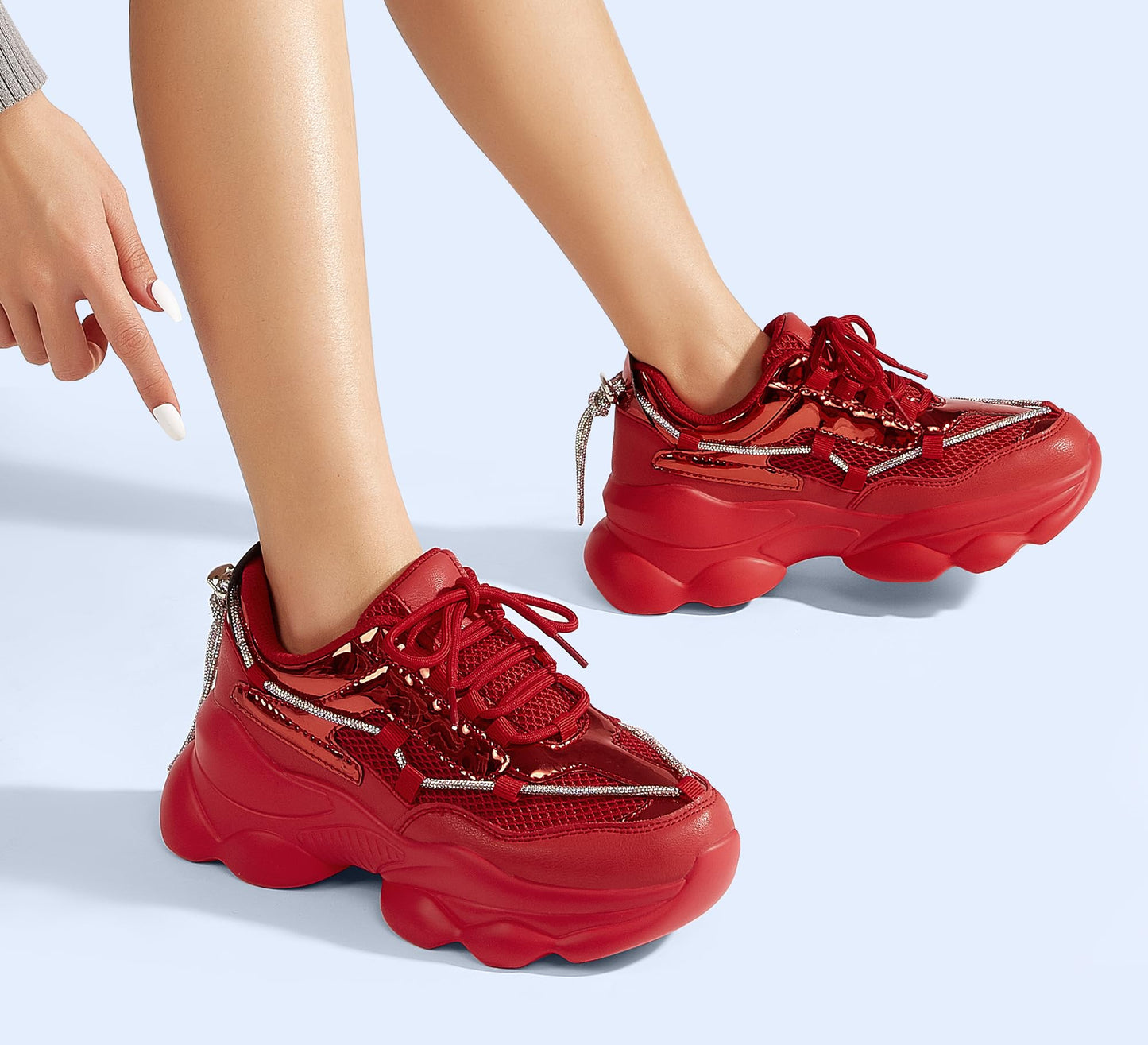 LUCKY STEP Women's 90s Chunky Sneakers Sparkly Bling Rhinestone Rope Platform Casual Thick Dad Rave Walking Shoes
