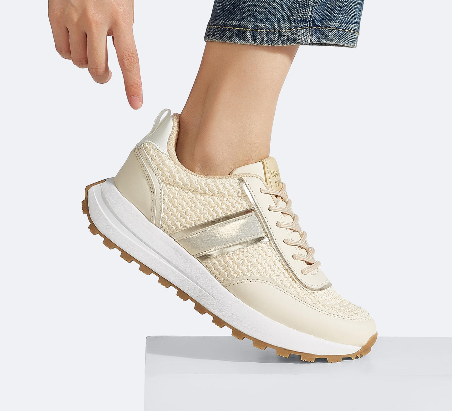LUCKY STEP Women Platform Walking Shoe Fashion Retro Classic Casual Trainers Braided Rhinestone Sneakers Tennis Running Walking Shoes