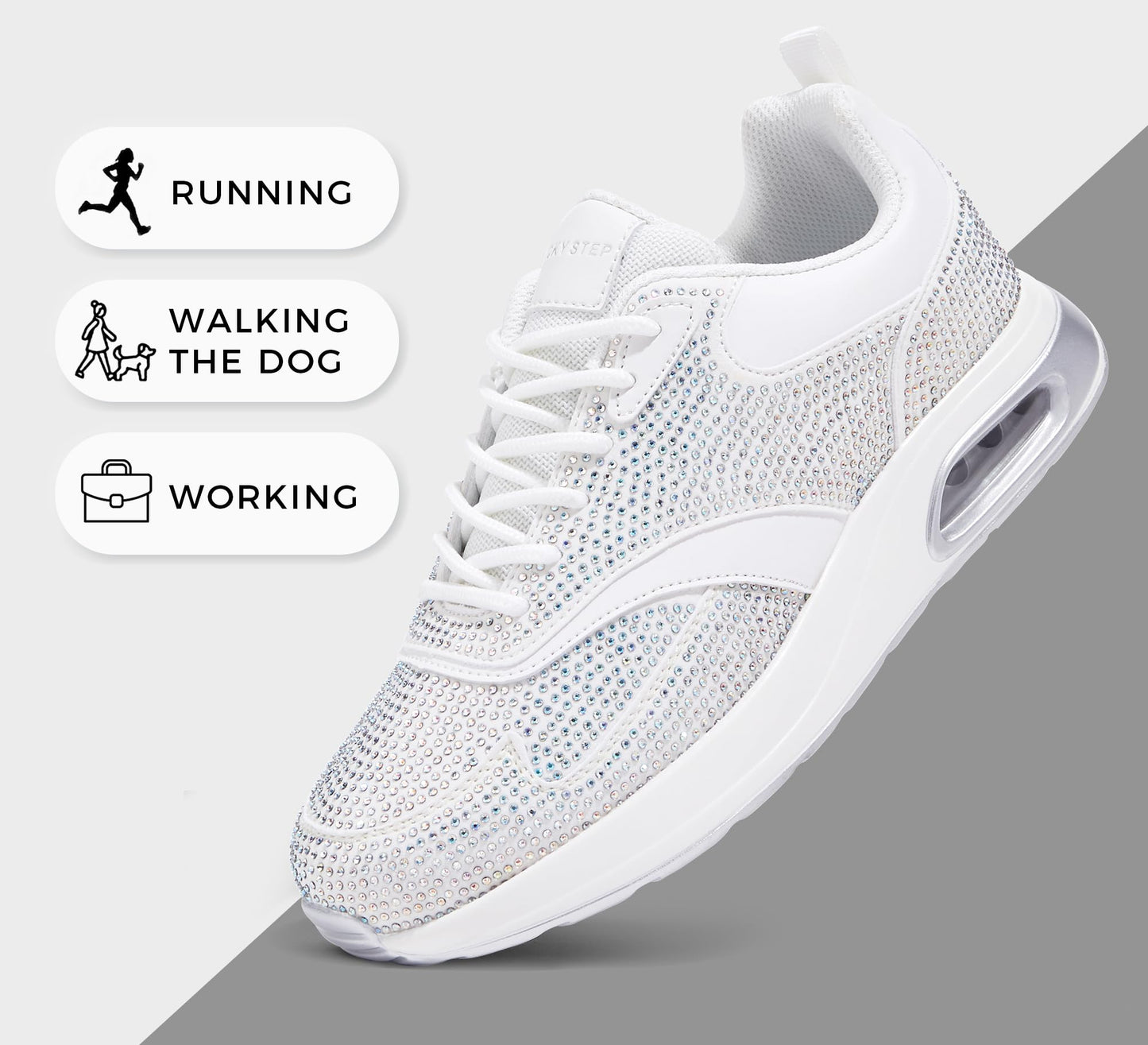 LUCKY STEP Women's Air Cushion Sneakers Rhinestone Fashion Running Gym Jogging Casual Sparkly Arch Support Walking Shoes