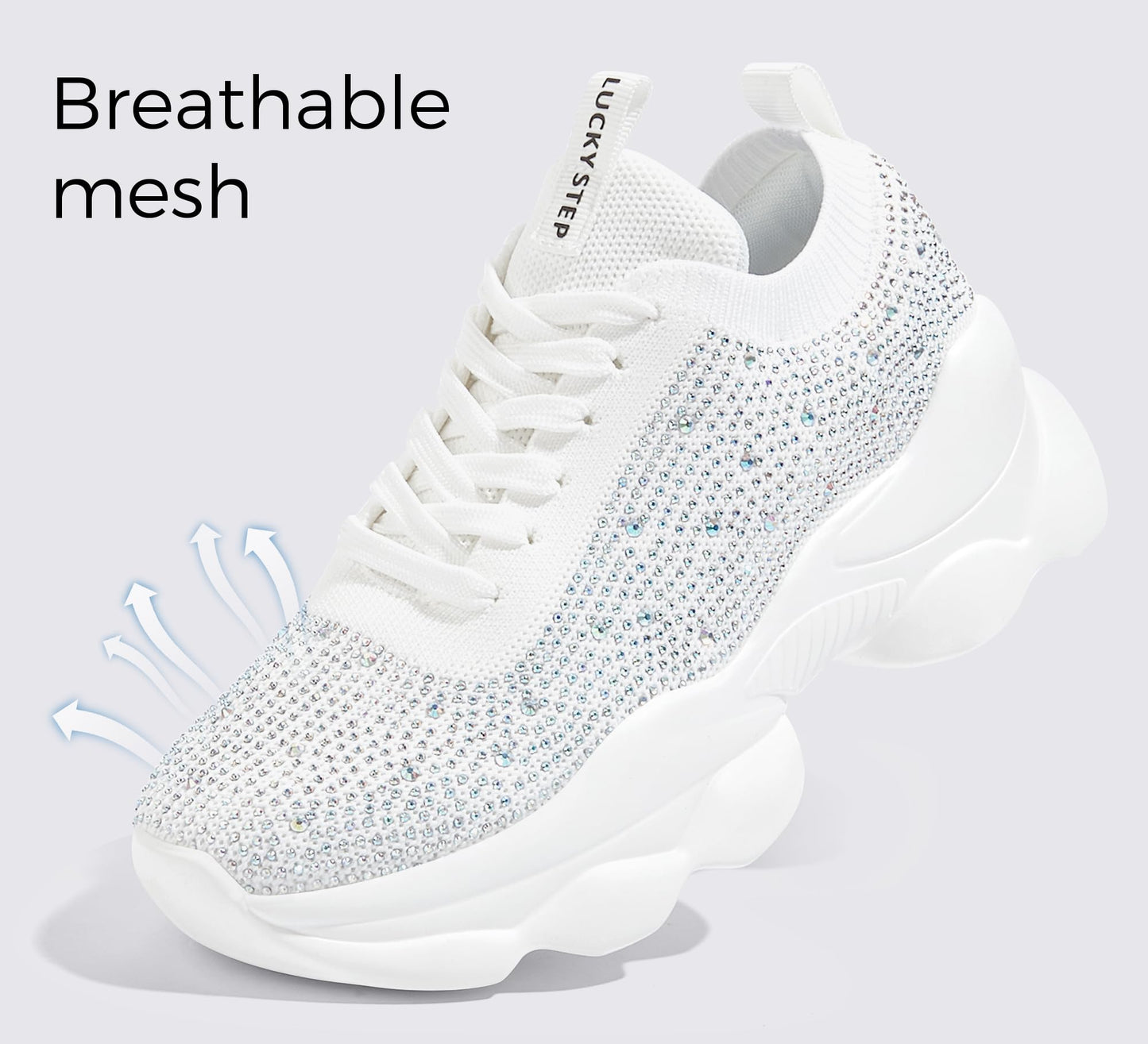 LUCKY STEP Women's Chunky Rhinestone Sneaker Sparkly Bling Bedazzled Mesh Slip on Elastic Sock Glitter Shiny Rave Walking Shoes