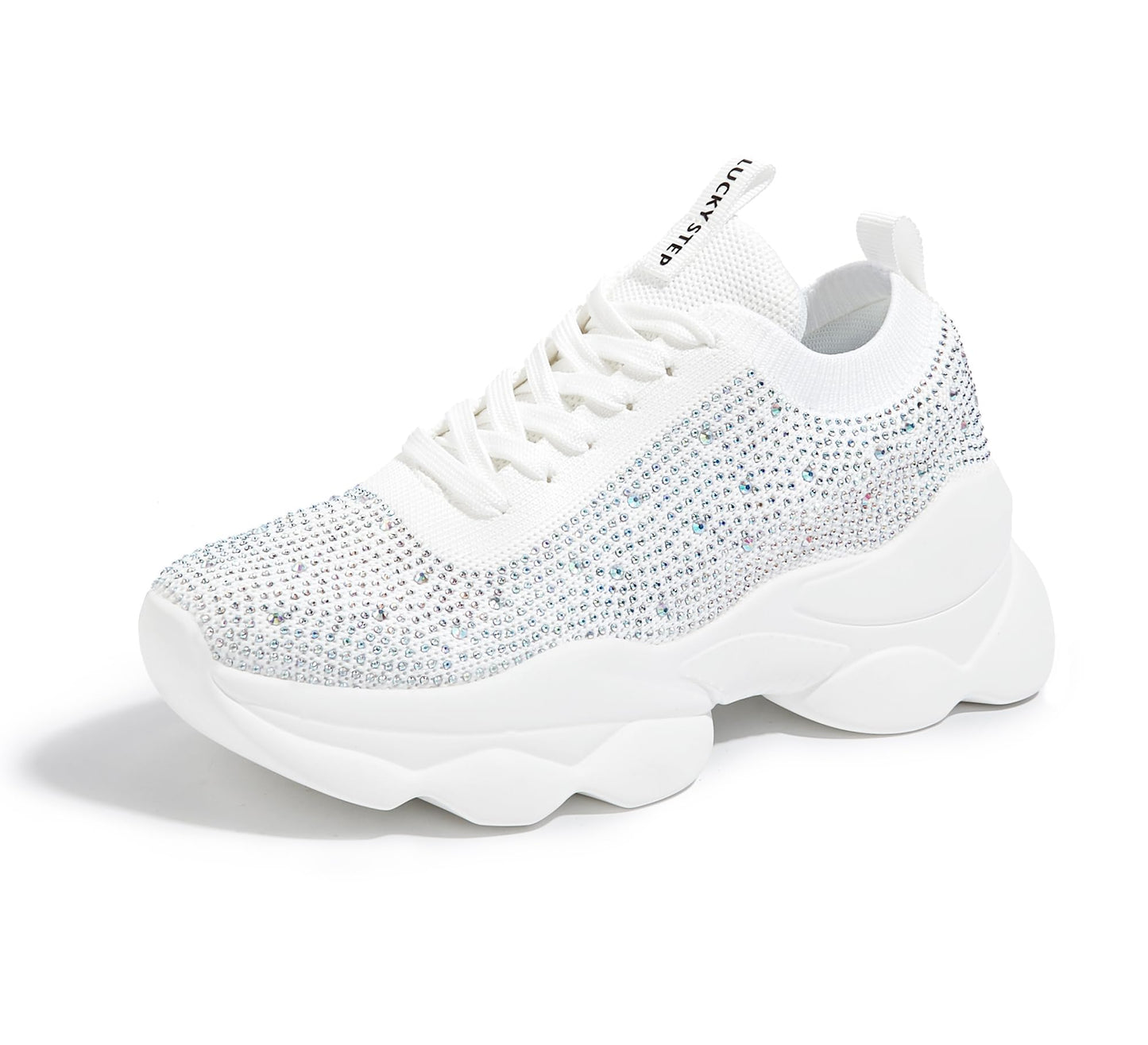 LUCKY STEP Women's Chunky Rhinestone Sneaker Sparkly Bling Bedazzled Mesh Slip on Elastic Sock Glitter Shiny Rave Walking Shoes