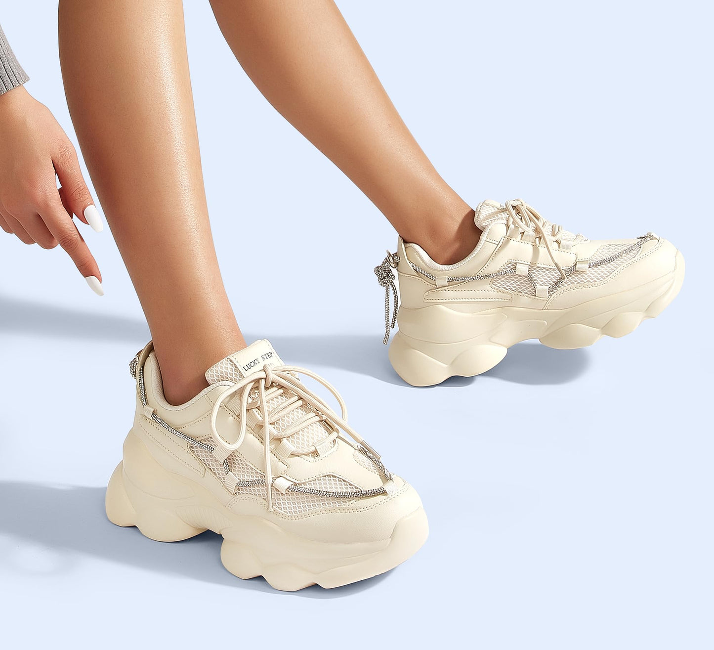 LUCKY STEP Women's 90s Chunky Sneakers Sparkly Bling Rhinestone Rope Platform Casual Thick Dad Rave Walking Shoes
