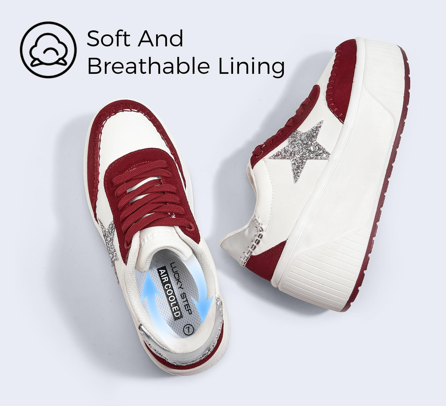 LUCKY STEP Women's Platform Chunky Sneakers Fashion Star Glitter Sparkly Wedge Walking Shoes High Heel Casual Shiny Thick Sole Footwear