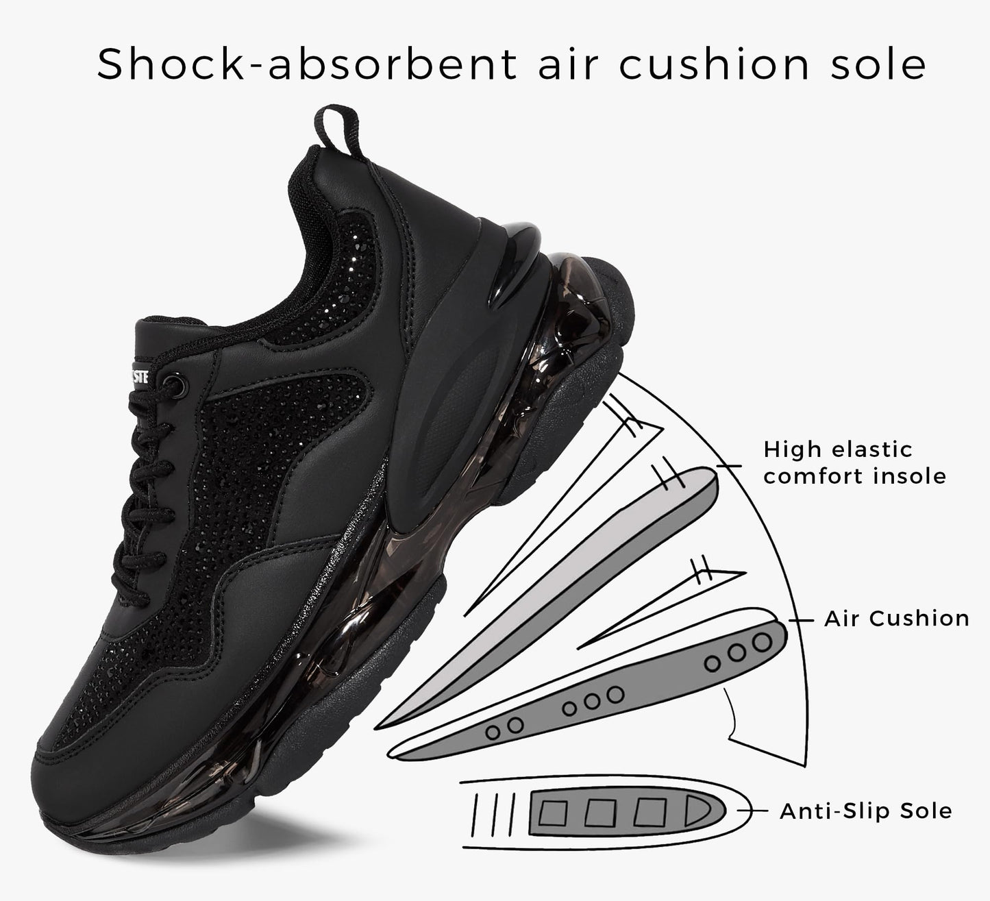 LUCKY STEP Women's Air Cushion Rhinestone Fashion Sneakers Chunky Rave Sparkly Casual Comfortable Walking Shoes