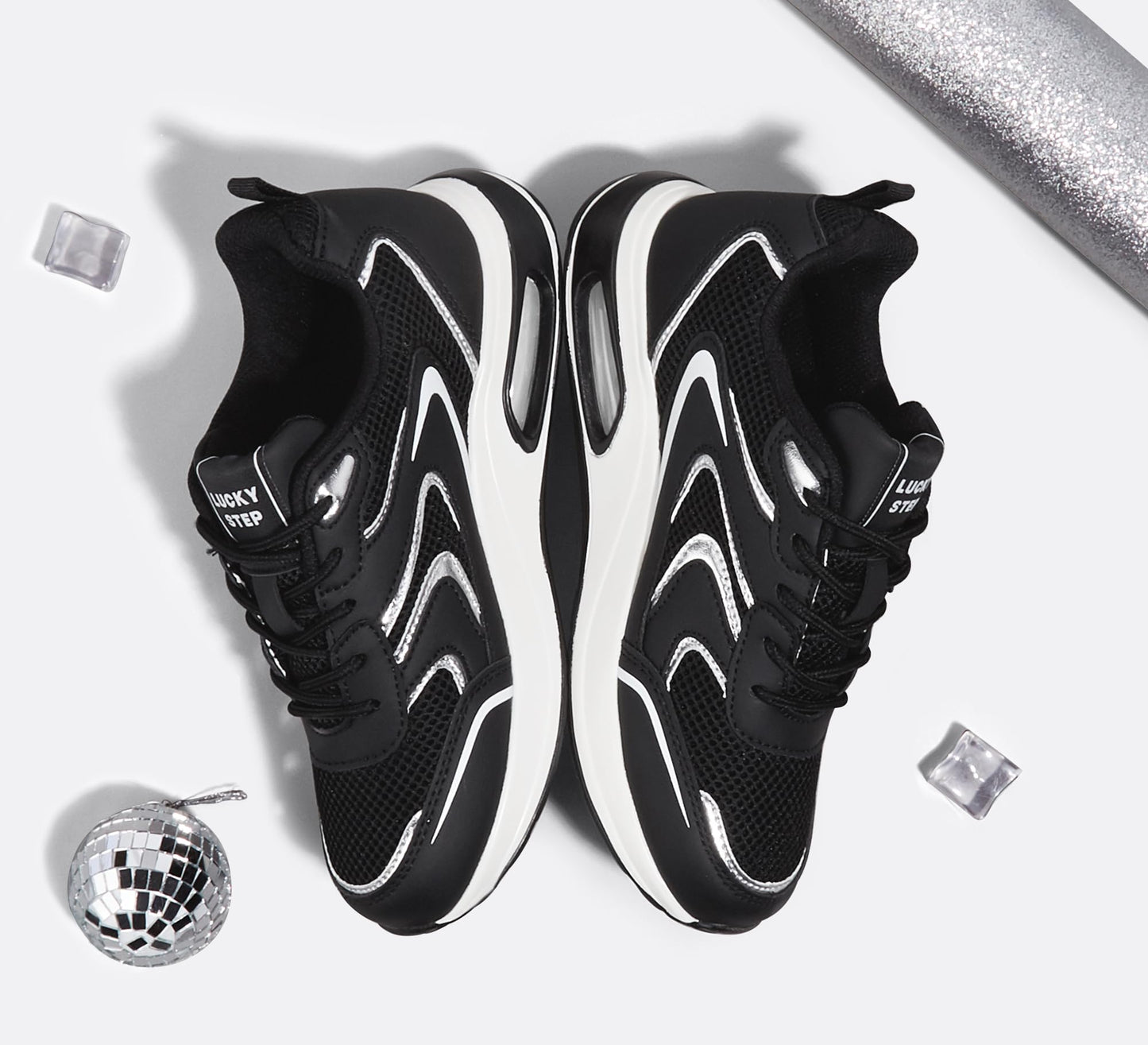 LUCKY STEP Women's Air Cushion Sneakers Rhinestone Fashion Running Gym Jogging Casual Sparkly Arch Support Walking Shoes