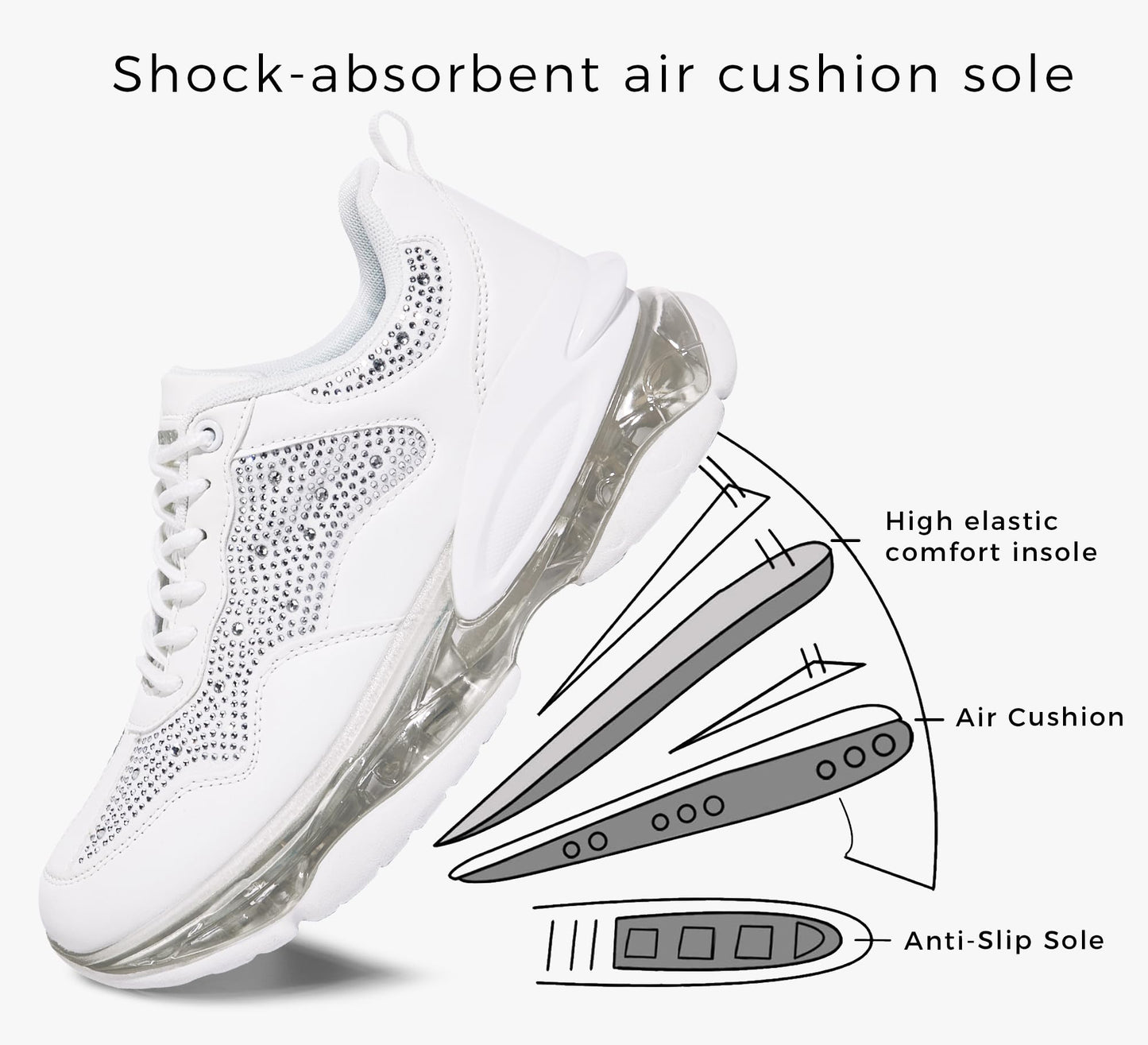 LUCKY STEP Women's Air Cushion Rhinestone Fashion Sneakers Chunky Rave Sparkly Casual Comfortable Walking Shoes