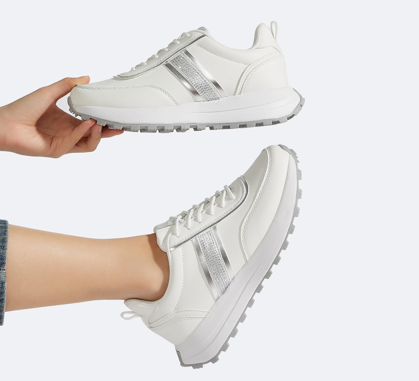 LUCKY STEP Women Platform Walking Shoe Fashion Retro Classic Casual Trainers Braided Rhinestone Sneakers Tennis Running Walking Shoes