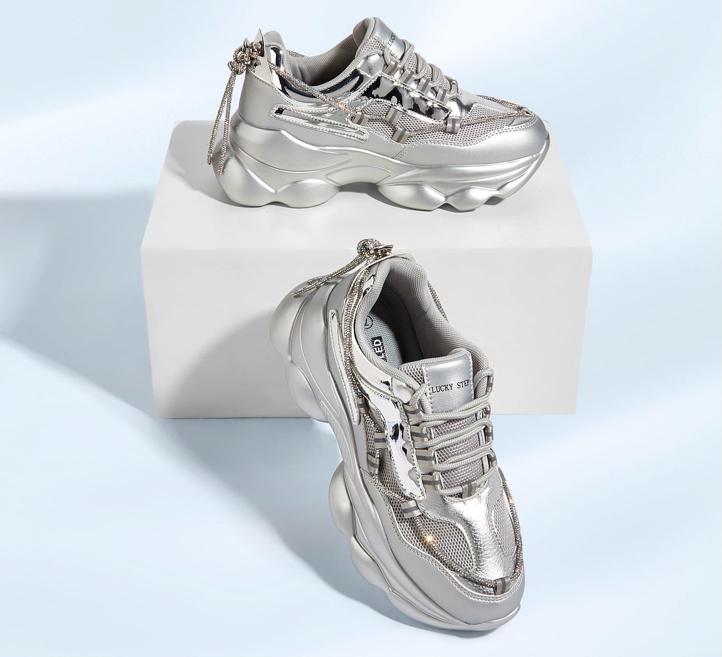 LUCKY STEP Women's 90s Chunky Sneakers Sparkly Bling Rhinestone Rope Platform Casual Thick Dad Rave Walking Shoes