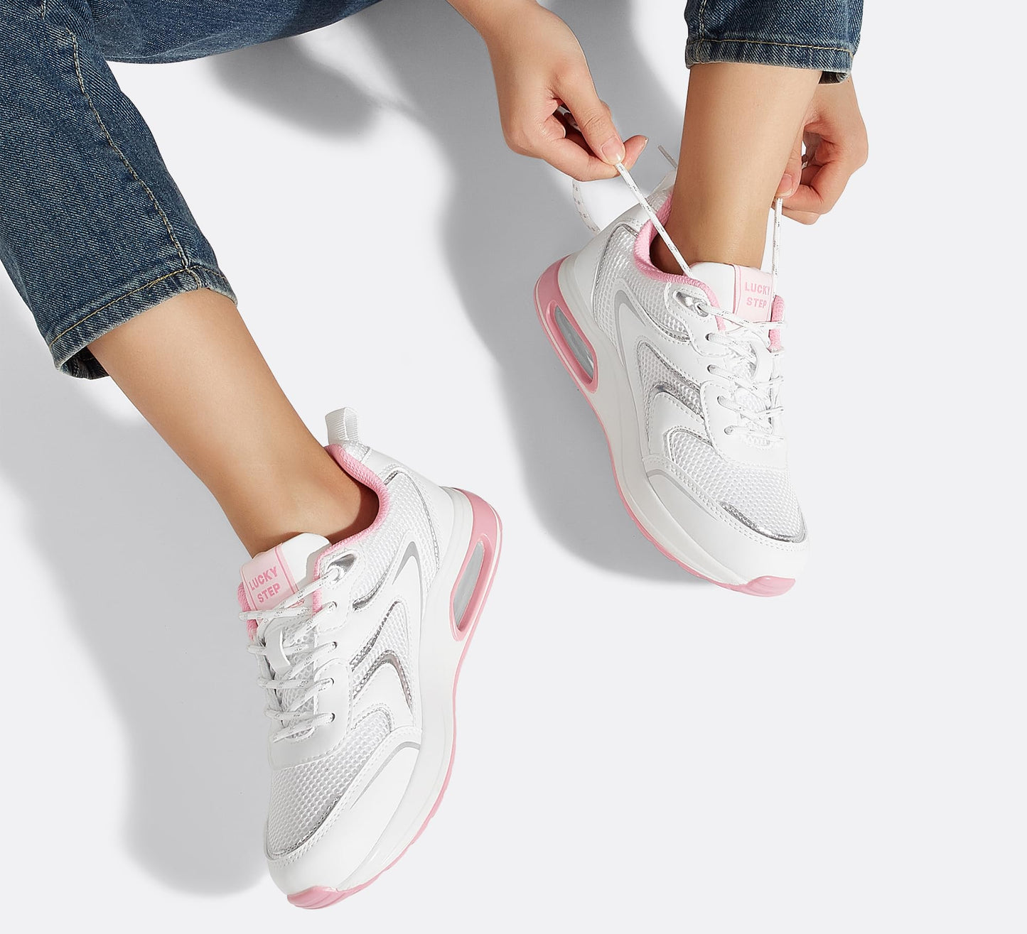 LUCKY STEP Women's Air Cushion Sneakers Rhinestone Fashion Running Gym Jogging Casual Sparkly Arch Support Walking Shoes