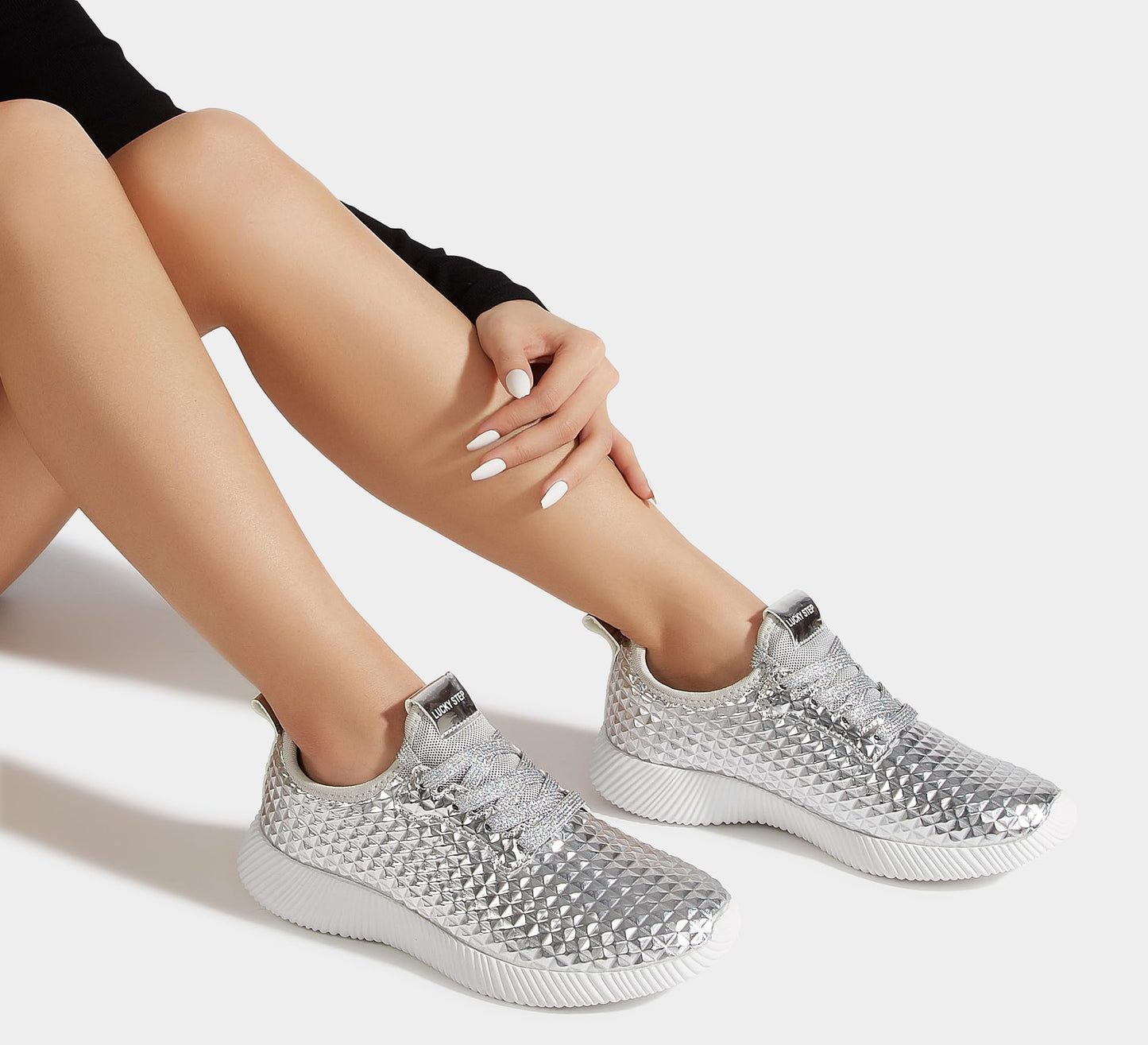 LUCKY STEP Women's Metallic Fashion Sneaker Leatherette Studded Jogger Lightweight Casual Walking Shoes