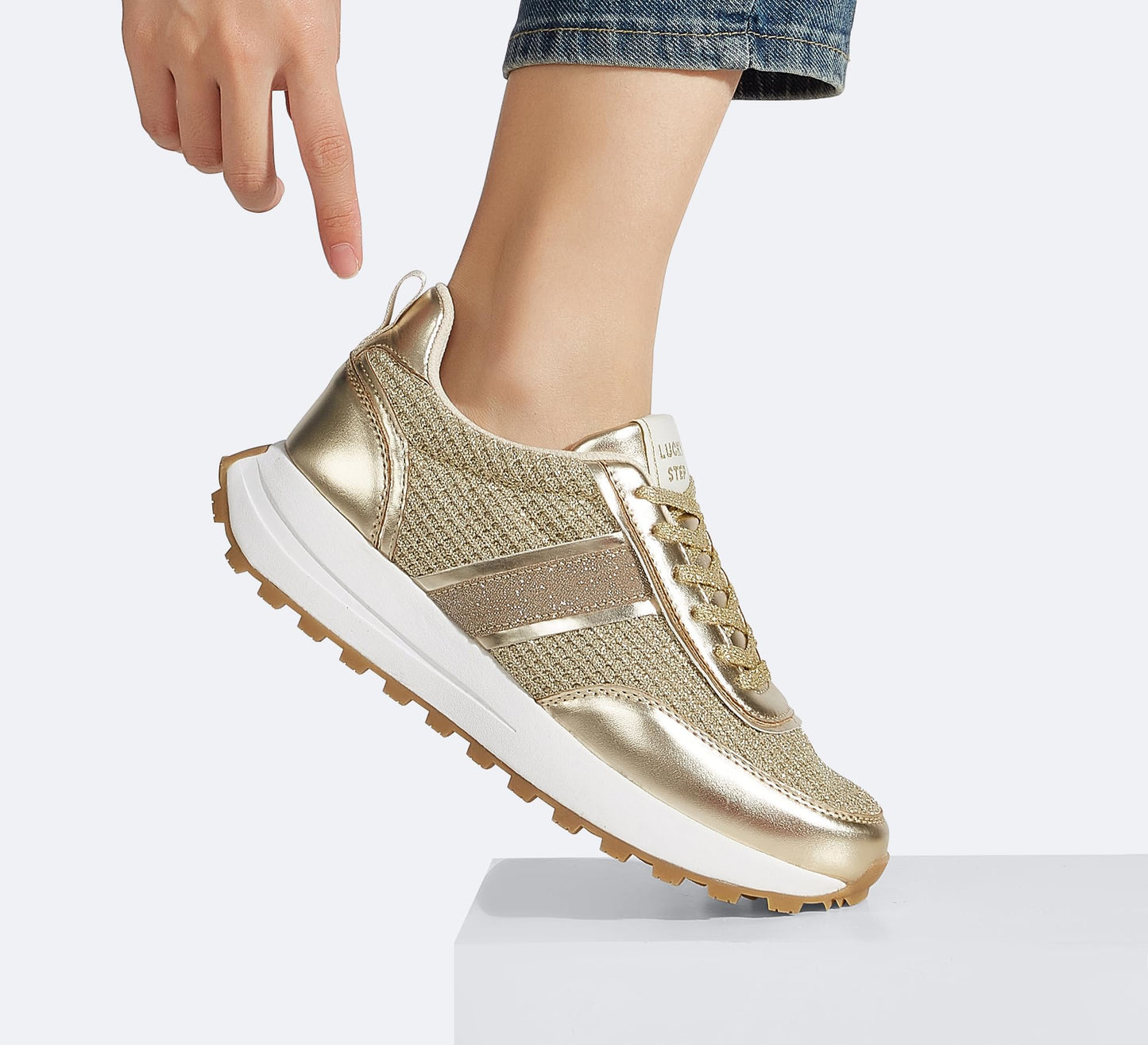 LUCKY STEP Women Platform Walking Shoe Fashion Retro Classic Casual Trainers Braided Rhinestone Sneakers Tennis Running Walking Shoes