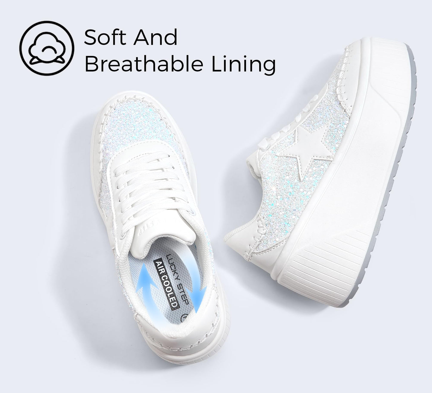 LUCKY STEP Women's Platform Chunky Sneakers Fashion Star Glitter Sparkly Wedge Walking Shoes High Heel Casual Shiny Thick Sole Footwear