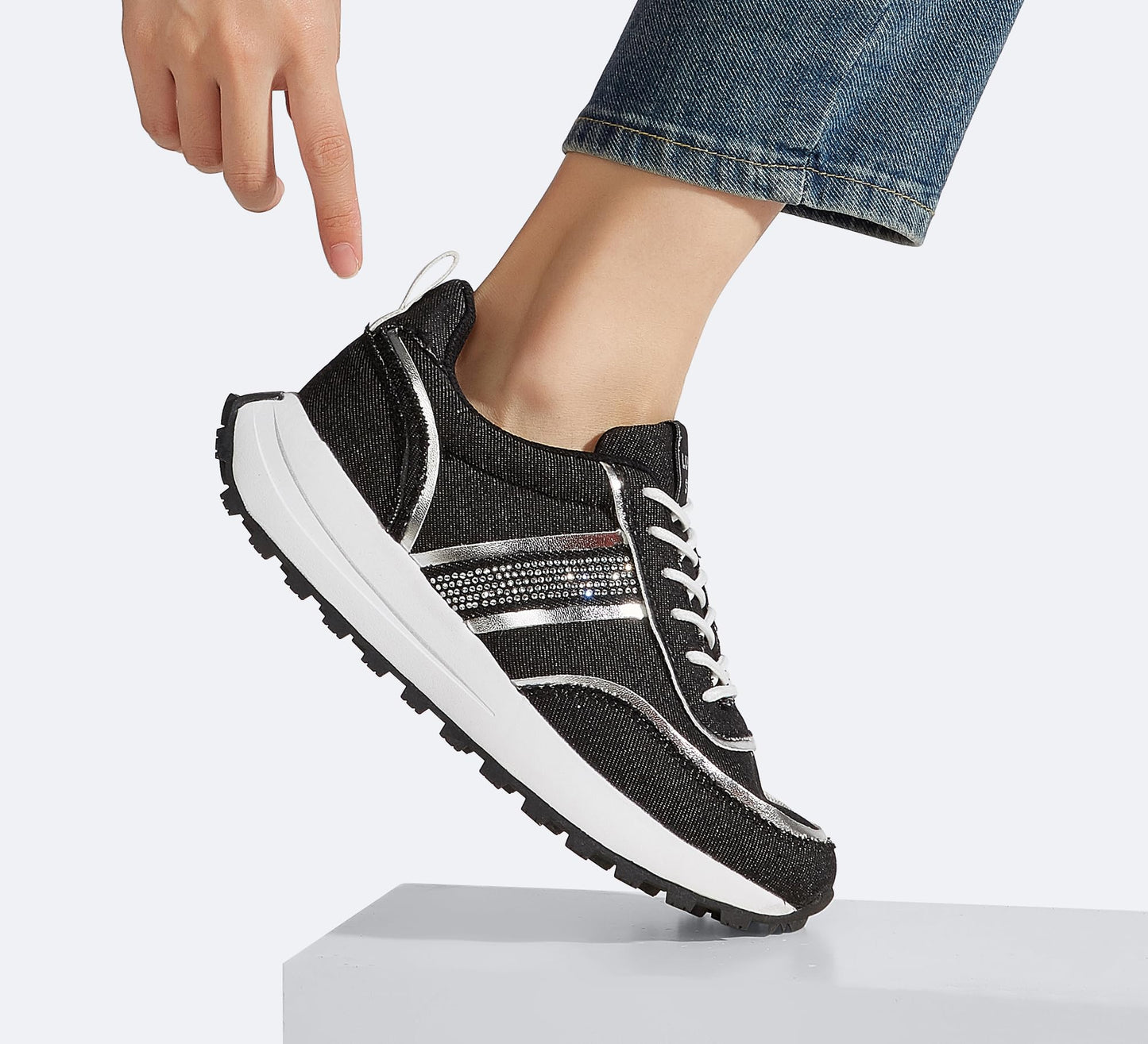 LUCKY STEP Women Platform Walking Shoe Fashion Retro Classic Casual Trainers Braided Rhinestone Sneakers Tennis Running Walking Shoes