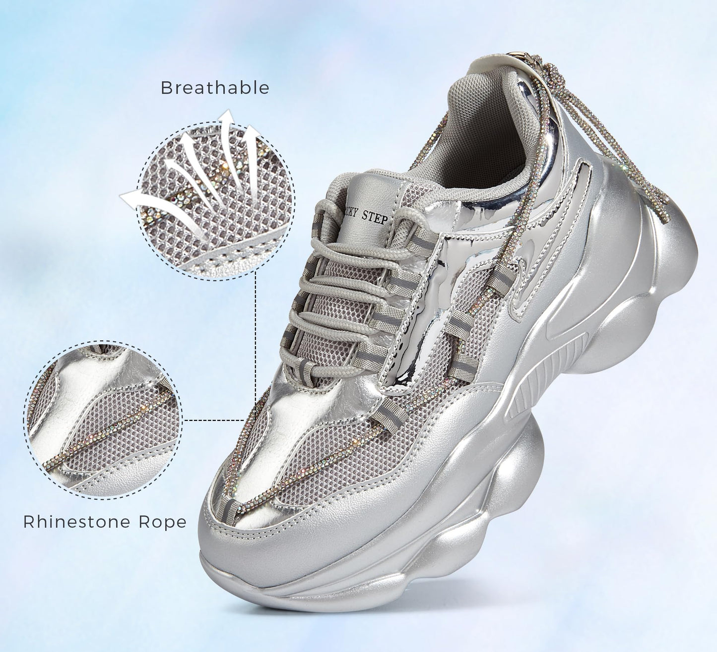 LUCKY STEP Women's 90s Chunky Sneakers Sparkly Bling Rhinestone Rope Platform Casual Thick Dad Rave Walking Shoes
