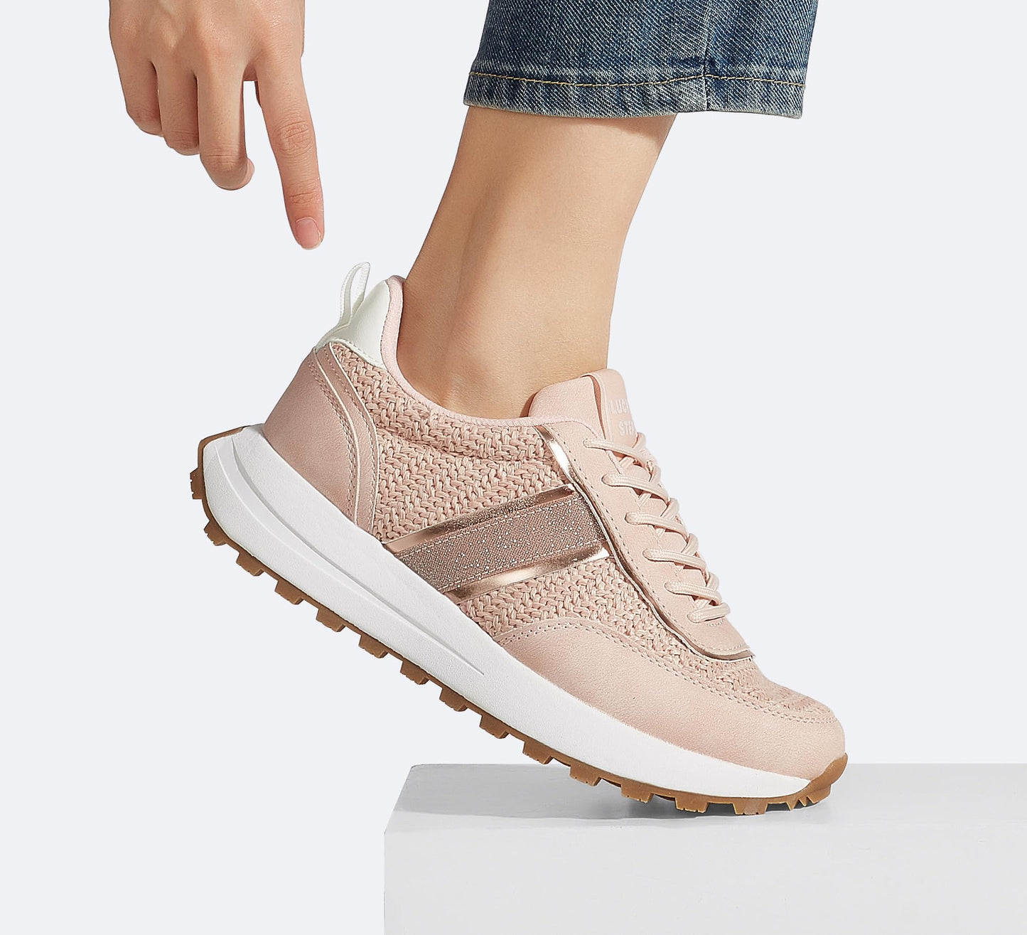LUCKY STEP Women Platform Walking Shoe Fashion Retro Classic Casual Trainers Braided Rhinestone Sneakers Tennis Running Walking Shoes