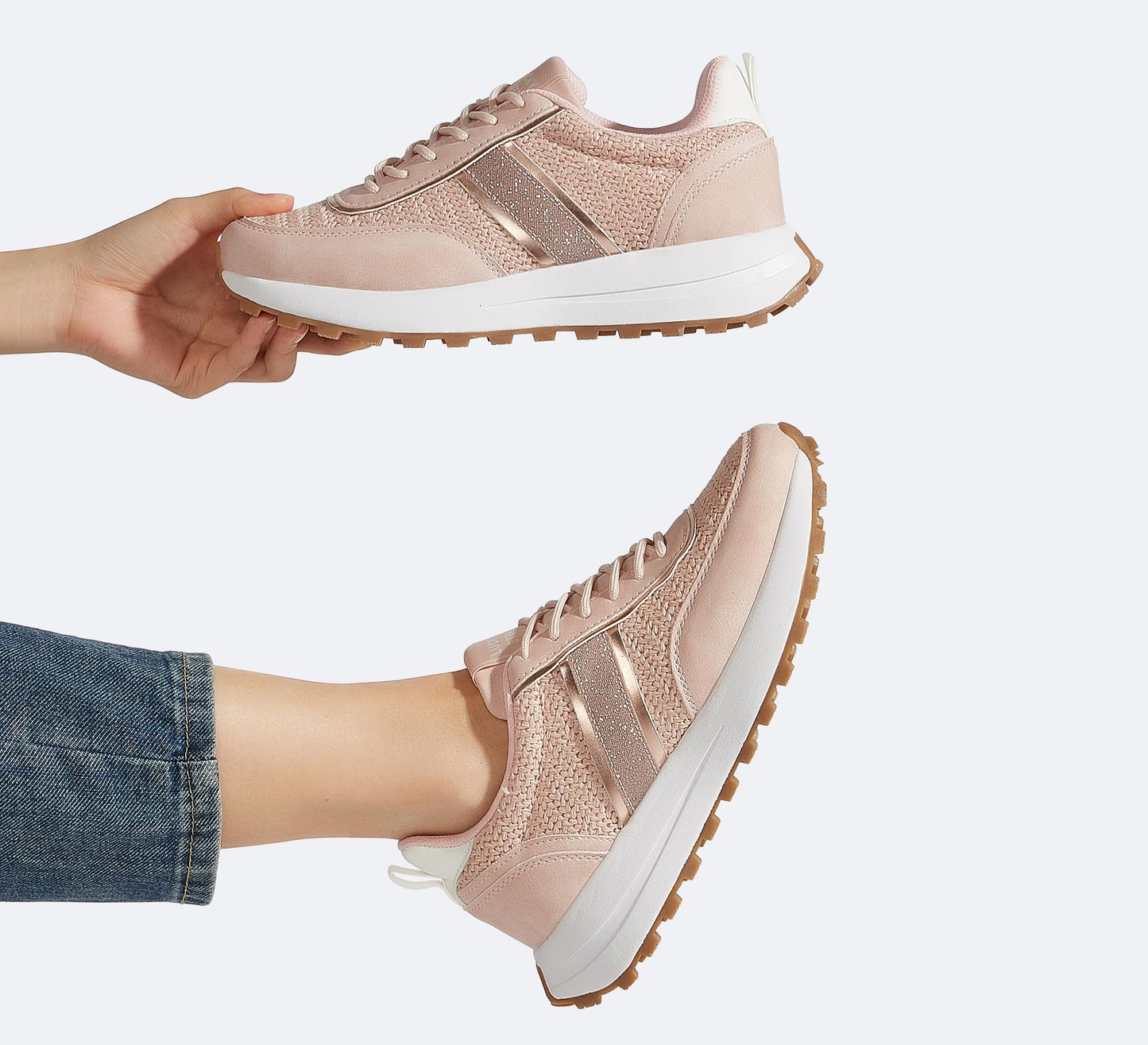 LUCKY STEP Women Platform Walking Shoe Fashion Retro Classic Casual Trainers Braided Rhinestone Sneakers Tennis Running Walking Shoes
