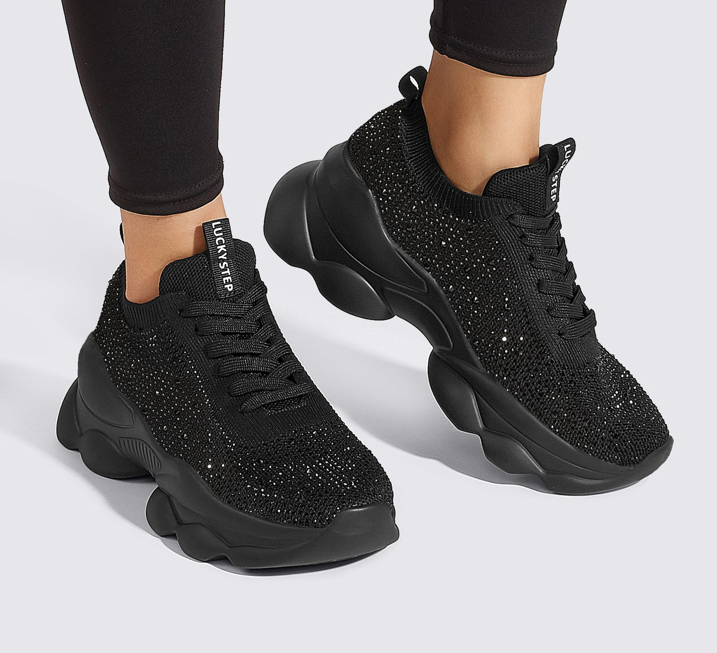 LUCKY STEP Women's Chunky Rhinestone Sneaker Sparkly Bling Bedazzled Mesh Slip on Elastic Sock Glitter Shiny Rave Walking Shoes