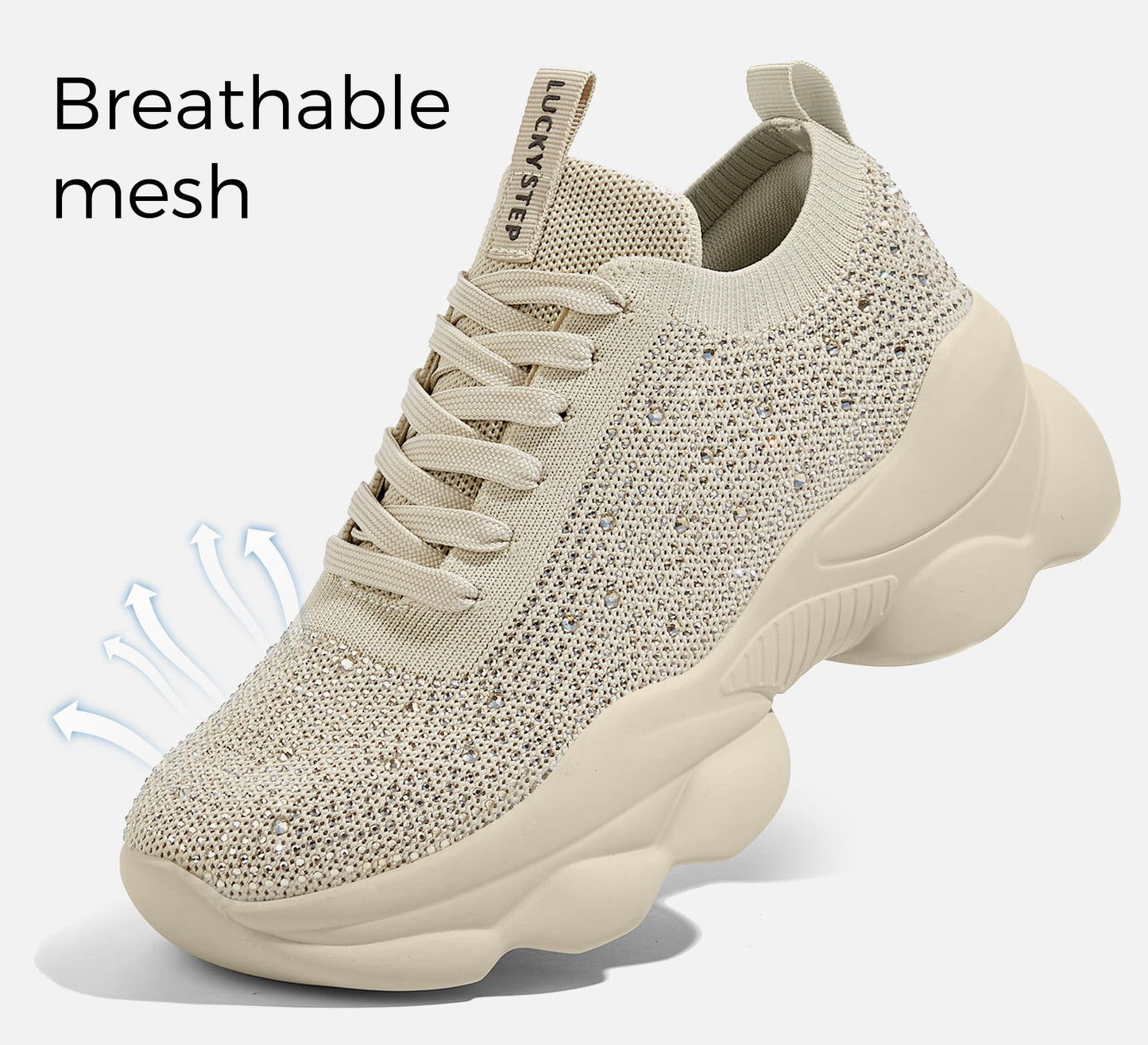 LUCKY STEP Women's Chunky Rhinestone Sneaker Sparkly Bling Bedazzled Mesh Slip on Elastic Sock Glitter Shiny Rave Walking Shoes