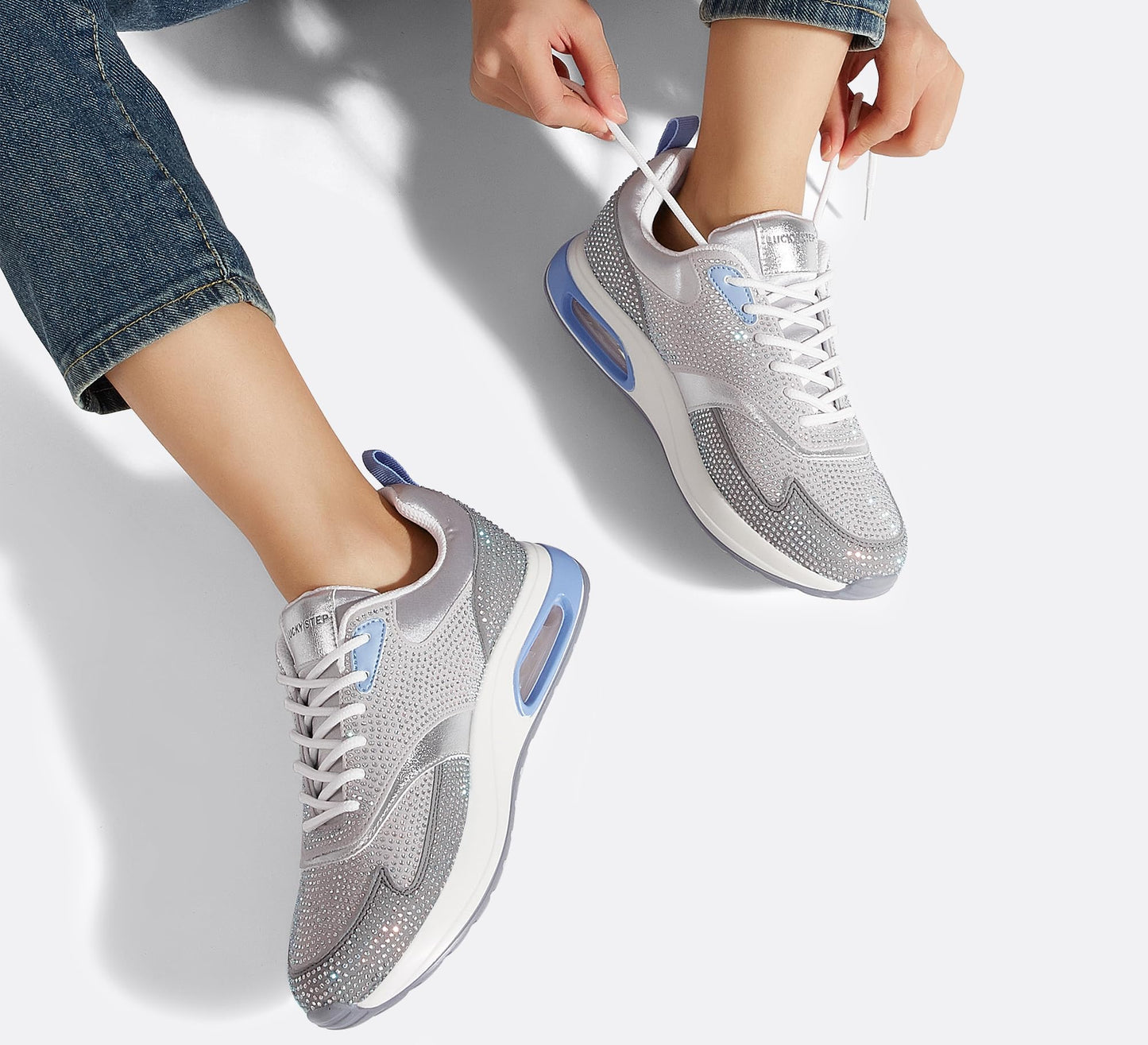 LUCKY STEP Women's Air Cushion Sneakers Rhinestone Fashion Running Gym Jogging Casual Sparkly Arch Support Walking Shoes