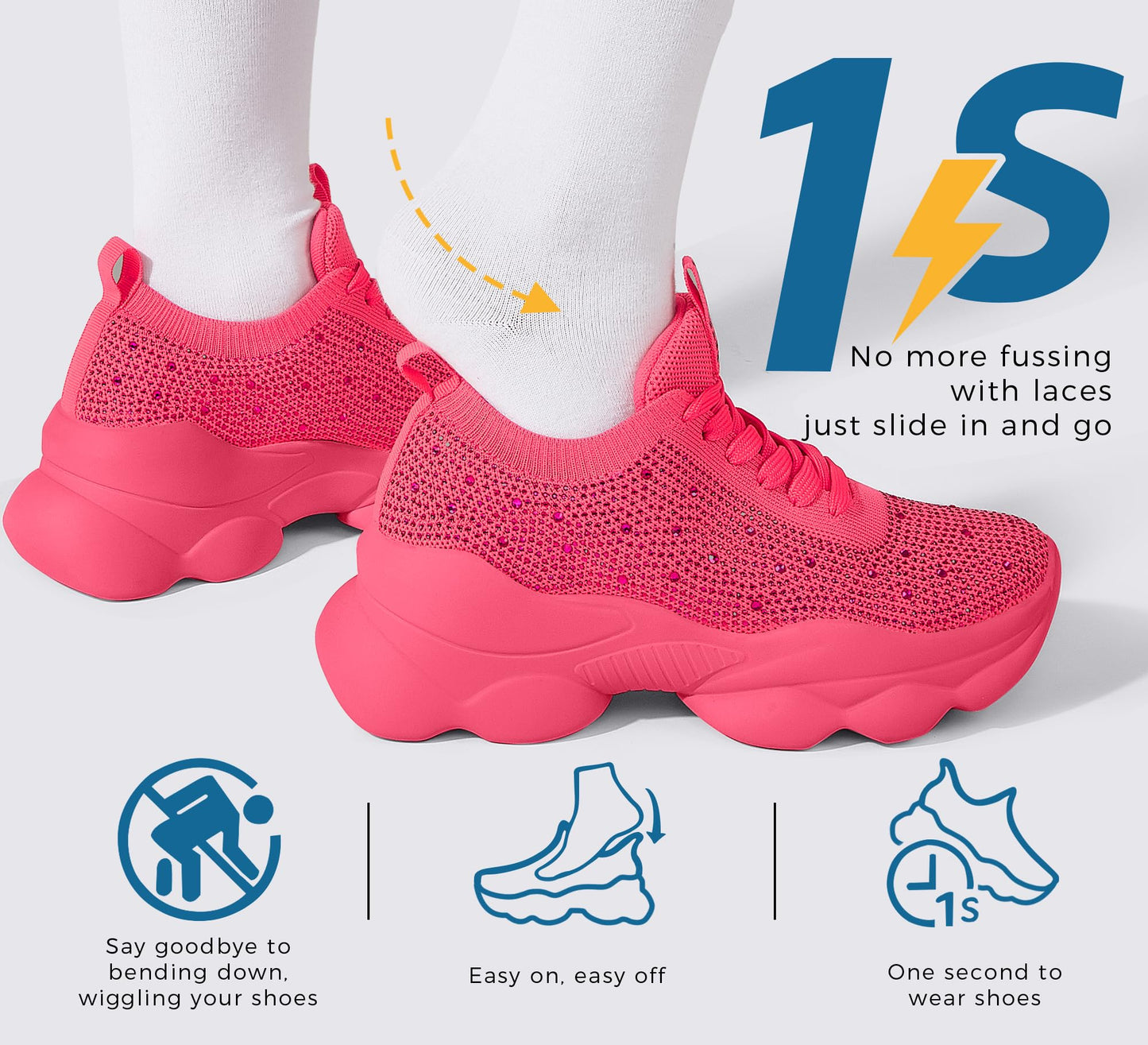 LUCKY STEP Women's Chunky Rhinestone Sneaker Sparkly Bling Bedazzled Mesh Slip on Elastic Sock Glitter Shiny Rave Walking Shoes