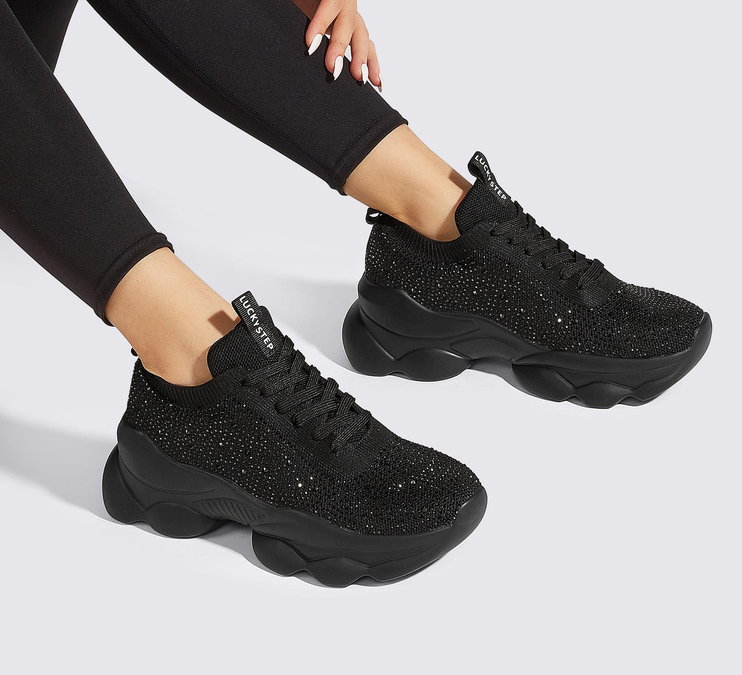 LUCKY STEP Women's Chunky Rhinestone Sneaker Sparkly Bling Bedazzled Mesh Slip on Elastic Sock Glitter Shiny Rave Walking Shoes