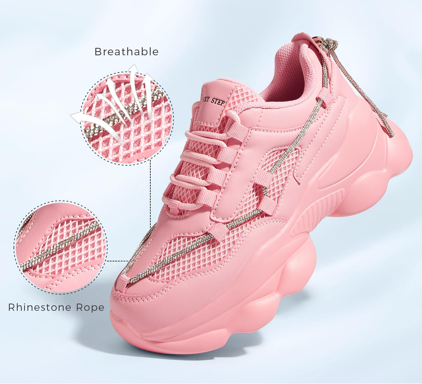LUCKY STEP Women's 90s Chunky Sneakers Sparkly Bling Rhinestone Rope Platform Casual Thick Dad Rave Walking Shoes