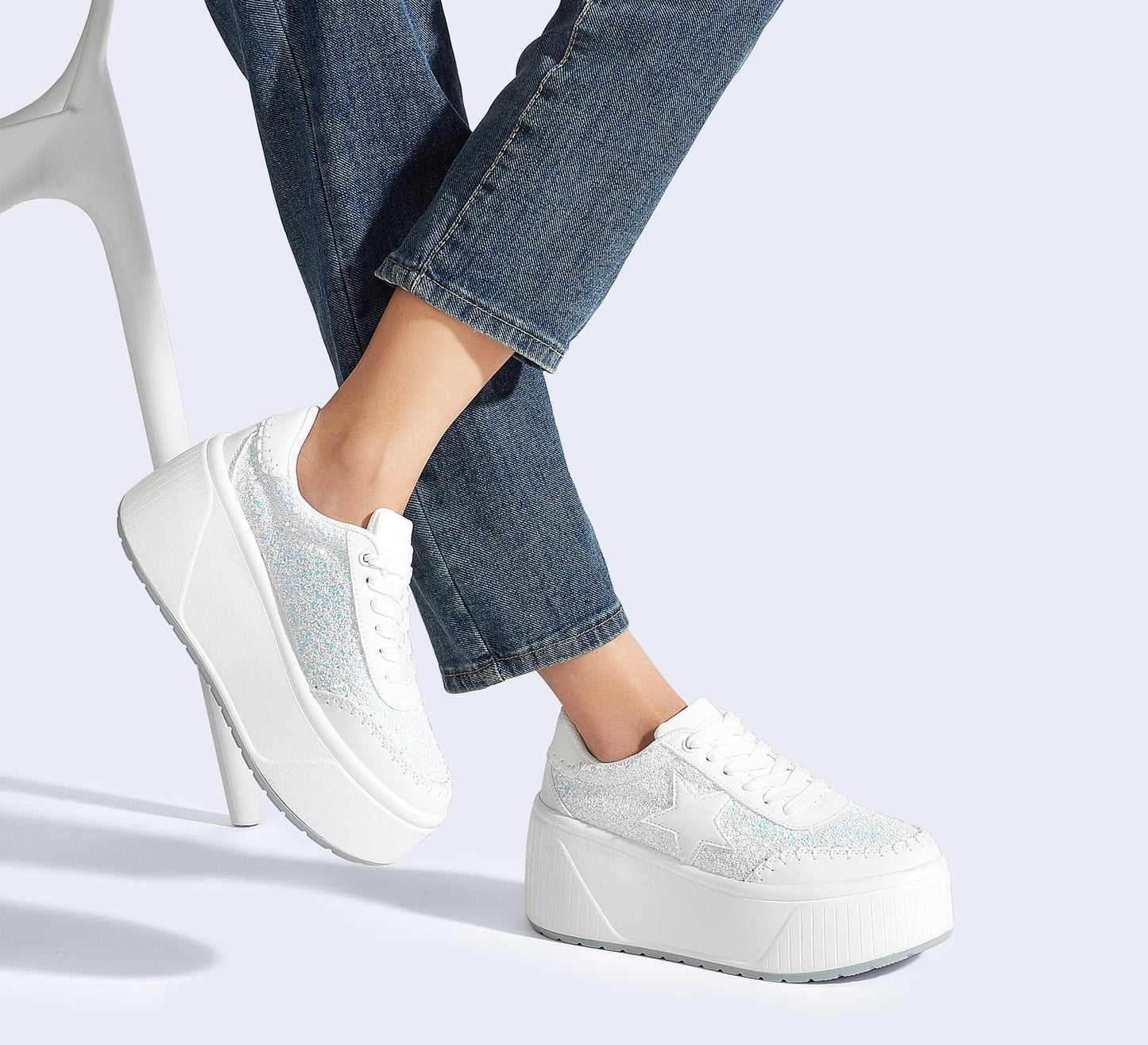 LUCKY STEP Women's Platform Chunky Sneakers Fashion Star Glitter Sparkly Wedge Walking Shoes High Heel Casual Shiny Thick Sole Footwear