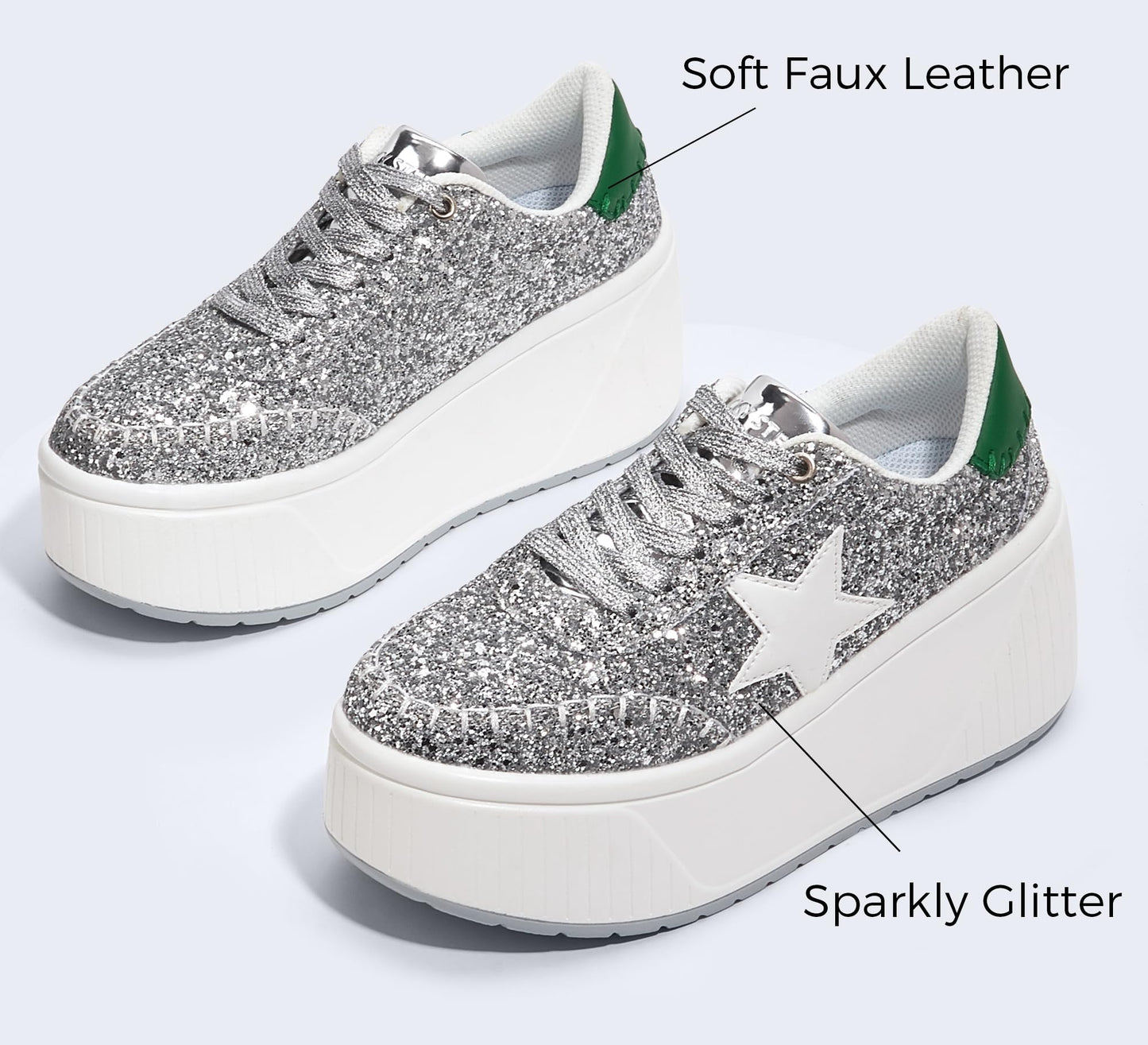 LUCKY STEP Women's Platform Chunky Sneakers Fashion Star Glitter Sparkly Wedge Walking Shoes High Heel Casual Shiny Thick Sole Footwear