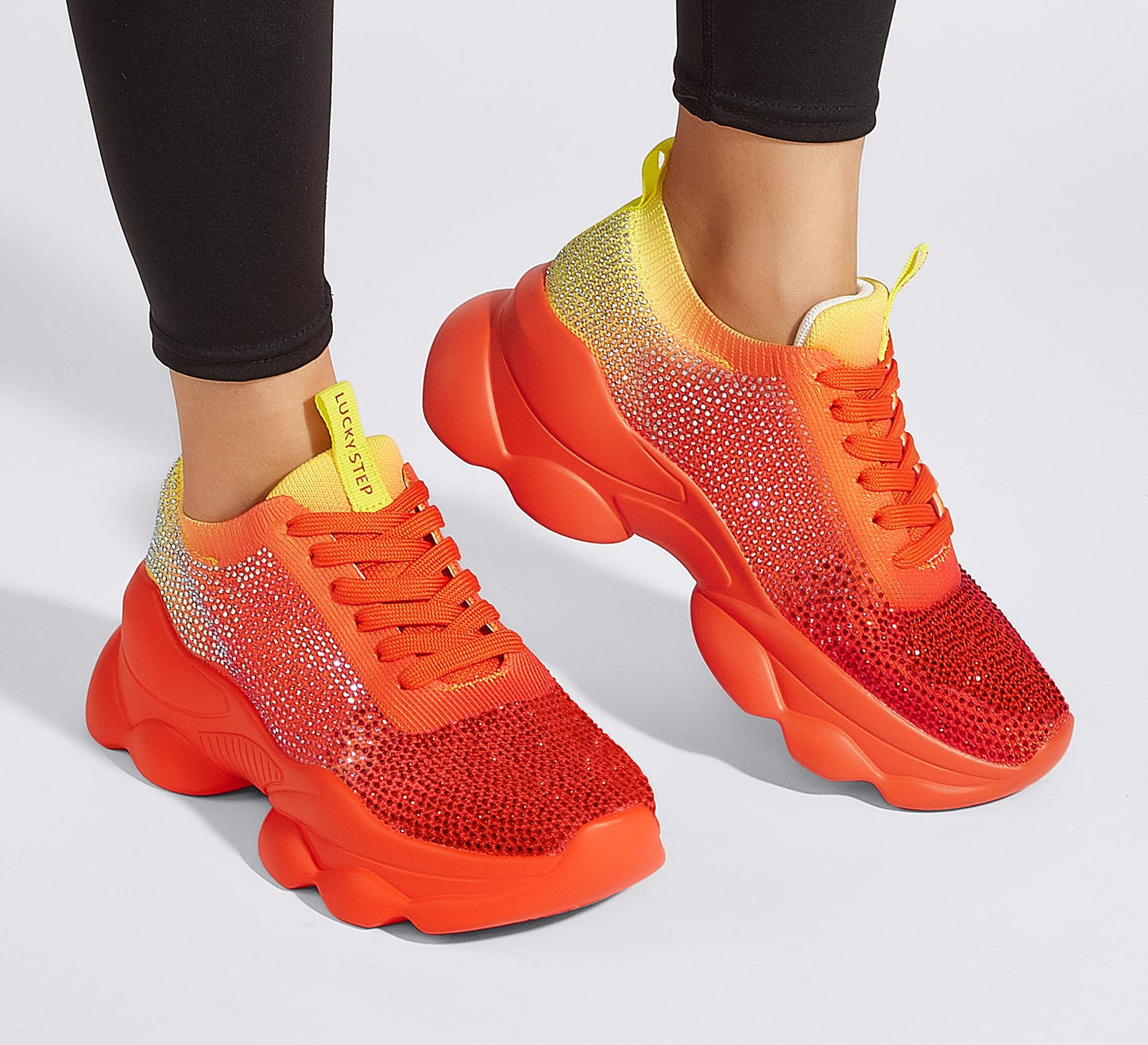 LUCKY STEP Women's Chunky Rhinestone Sneaker Sparkly Bling Bedazzled Mesh Slip on Elastic Sock Glitter Shiny Rave Walking Shoes