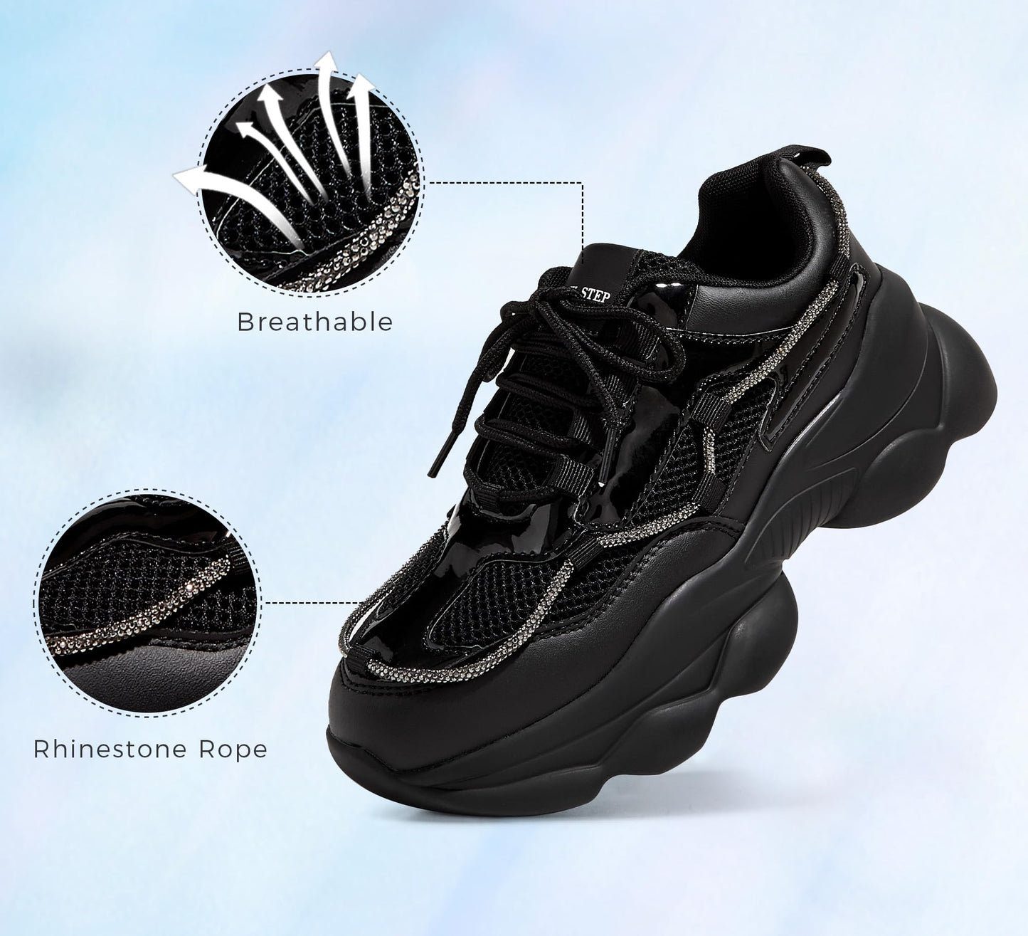 LUCKY STEP Women's 90s Chunky Sneakers Sparkly Bling Rhinestone Rope Platform Casual Thick Dad Rave Walking Shoes