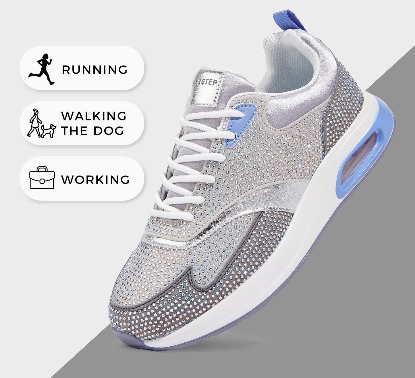 LUCKY STEP Women's Air Cushion Sneakers Rhinestone Fashion Running Gym Jogging Casual Sparkly Arch Support Walking Shoes