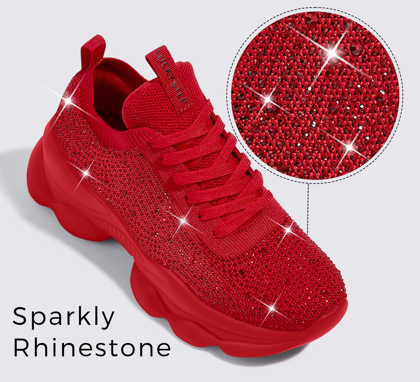 LUCKY STEP Women's Chunky Rhinestone Sneaker Sparkly Bling Bedazzled Mesh Slip on Elastic Sock Glitter Shiny Rave Walking Shoes