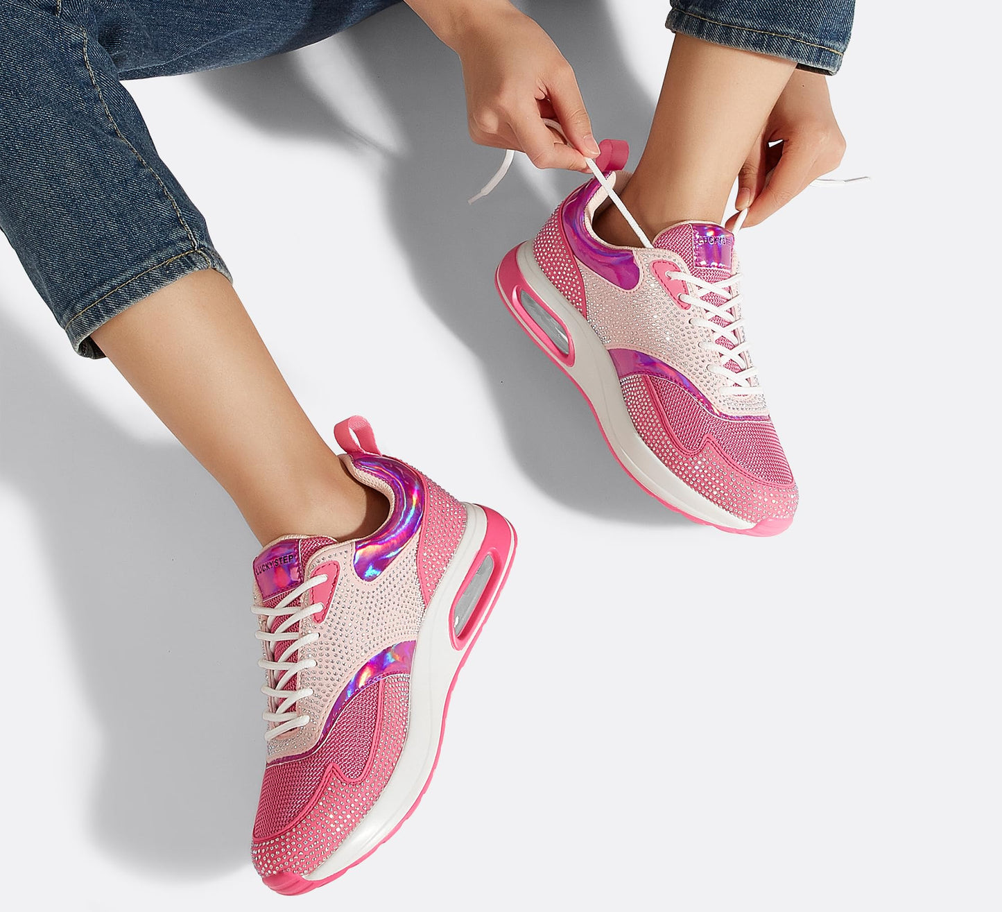 LUCKY STEP Women's Air Cushion Sneakers Rhinestone Fashion Running Gym Jogging Casual Sparkly Arch Support Walking Shoes