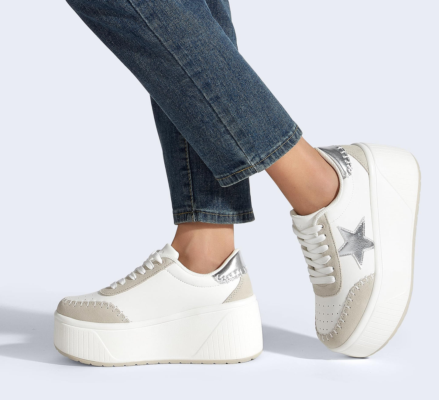 LUCKY STEP Women's Platform Chunky Sneakers Fashion Star Glitter Sparkly Wedge Walking Shoes High Heel Casual Shiny Thick Sole Footwear