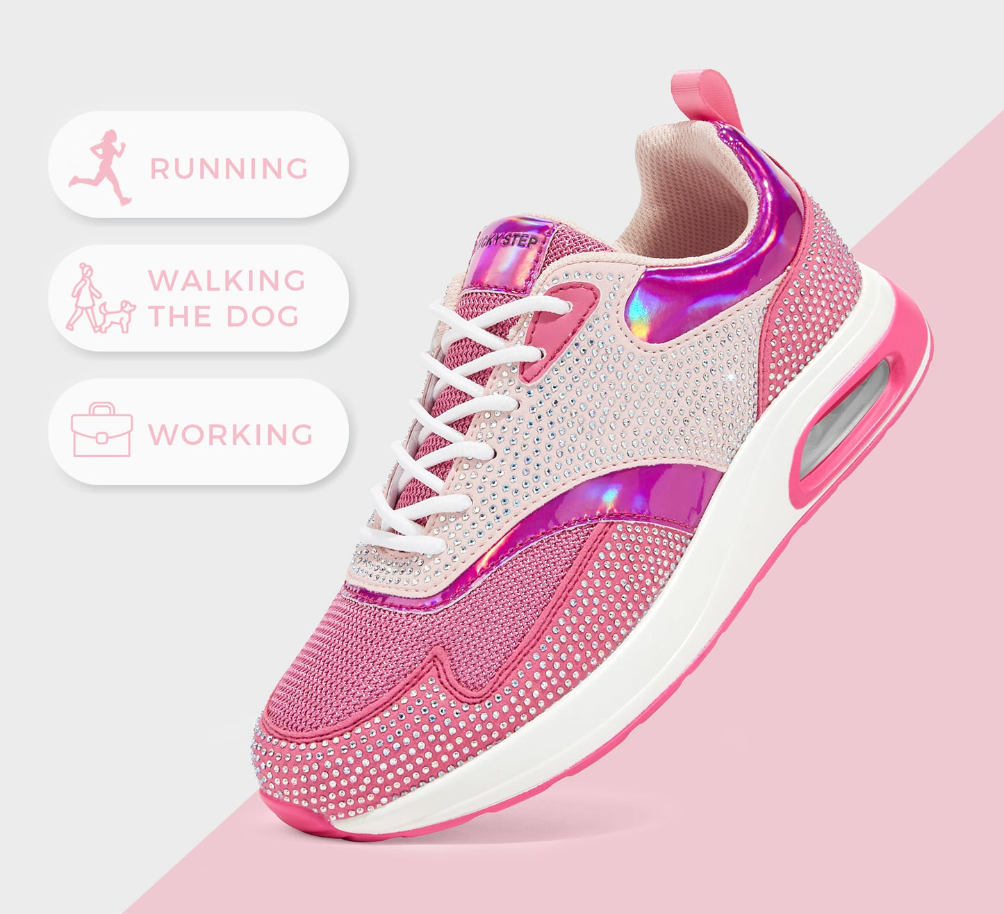 LUCKY STEP Women's Air Cushion Sneakers Rhinestone Fashion Running Gym Jogging Casual Sparkly Arch Support Walking Shoes