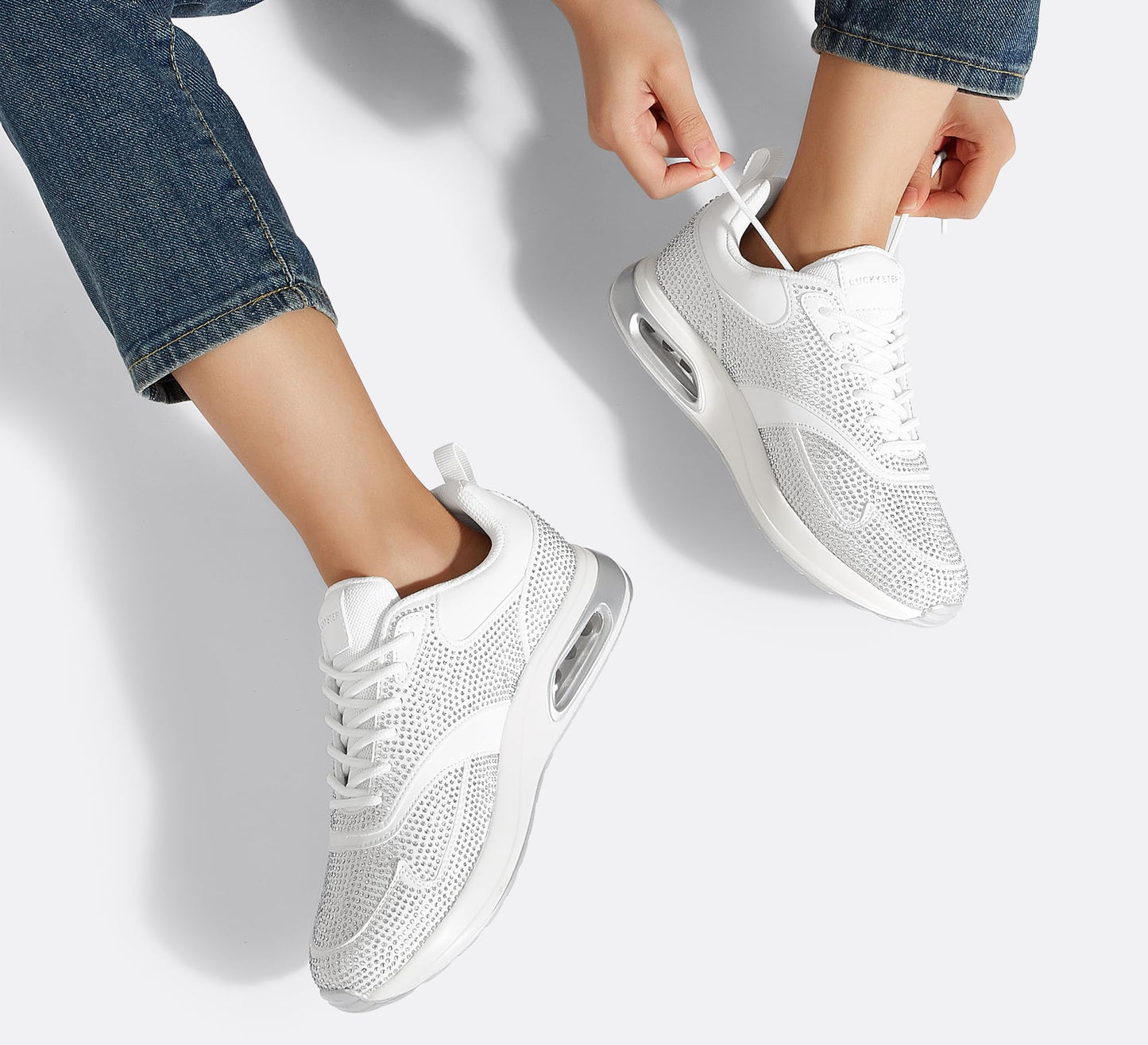 LUCKY STEP Women's Air Cushion Sneakers Rhinestone Fashion Running Gym Jogging Casual Sparkly Arch Support Walking Shoes